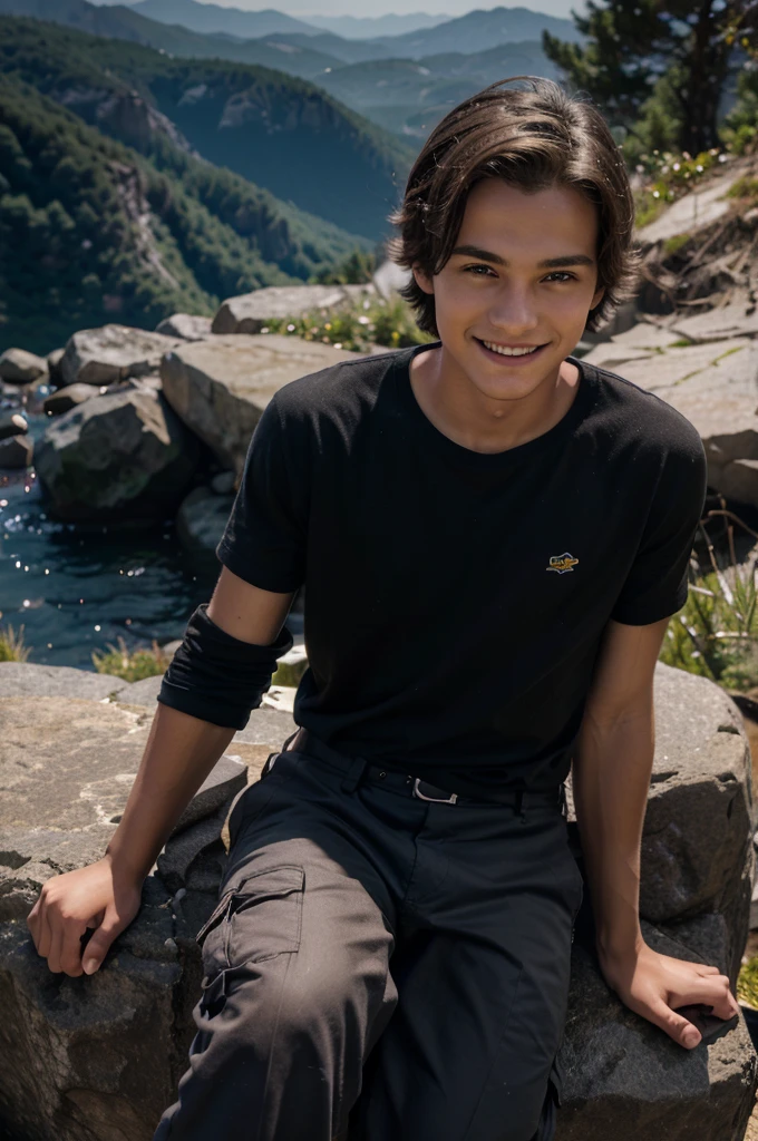 teenager boy,19 year old , big forehead, short hairs, light smile, model, sitting on big rock , mountain behind ,black shirt and brown cargo pants, cinematic lights, cinematic lighting, god rays, UHD, masterpiece, ccurate, anatomically correct, textured skin, super detail, high details, high quality, award winning, highres, 4K, HD