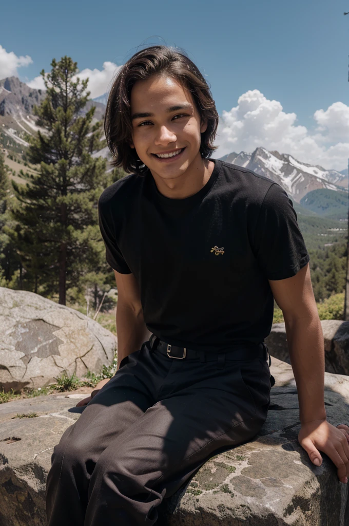 ager boy,19 year old , big forehead, short hairs, light smile, model, sitting on big rock , mountain behind ,black shirt and brown cargo pants, cinematic lights, cinematic lighting, god rays, UHD, masterpiece, ccurate, anatomically correct, textured skin, super detail, high details, high quality, award winning, highres, 4K, HD