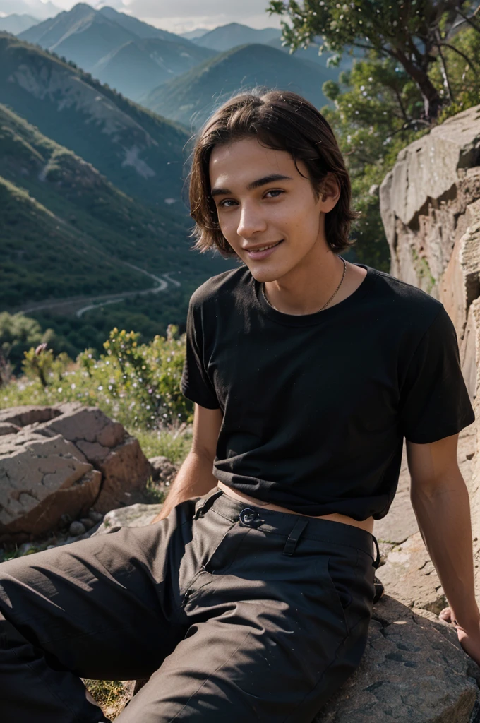 teenager boy,19 year old , big forehead, short hairs, light smile, model, sitting on big rock , mountain behind ,black shirt and brown cargo pants, cinematic lights, cinematic lighting, god rays, UHD, masterpiece, ccurate, anatomically correct, textured skin, super detail, high details, high quality, award winning, highres, 4K, HD