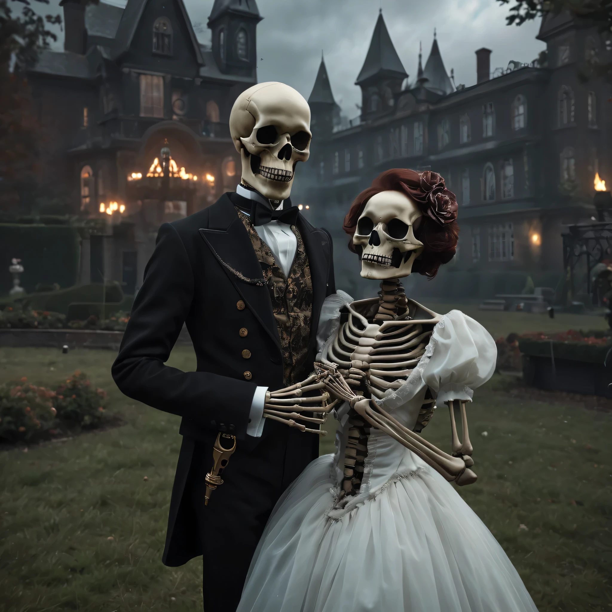 (best quality,8K,high resolution,muste piece:1.2,details:1.5),Super detailed:1.5,An eerily realistic pitch-black skeleton,orchestra,Playing,wearing formal attire,tuxedo,dress,Haunted Mansion,elaborate corpse,scary theme,cloudy,horror festival setup