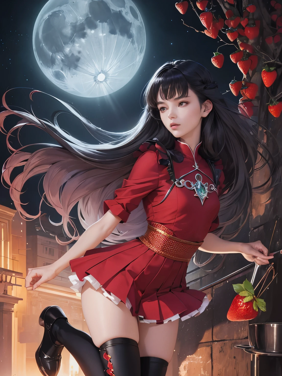 Marek Włodarski, James Jean, Surreal, mysterious, strange, fantastical, fantasy, sci-fi, Japanese anime, miniskirt moonlight beautiful girl who comes down to the ground and eats a strawberry parfait, perfect voluminous body, loves cafes, moonless galactic nights, detailed masterpiece 