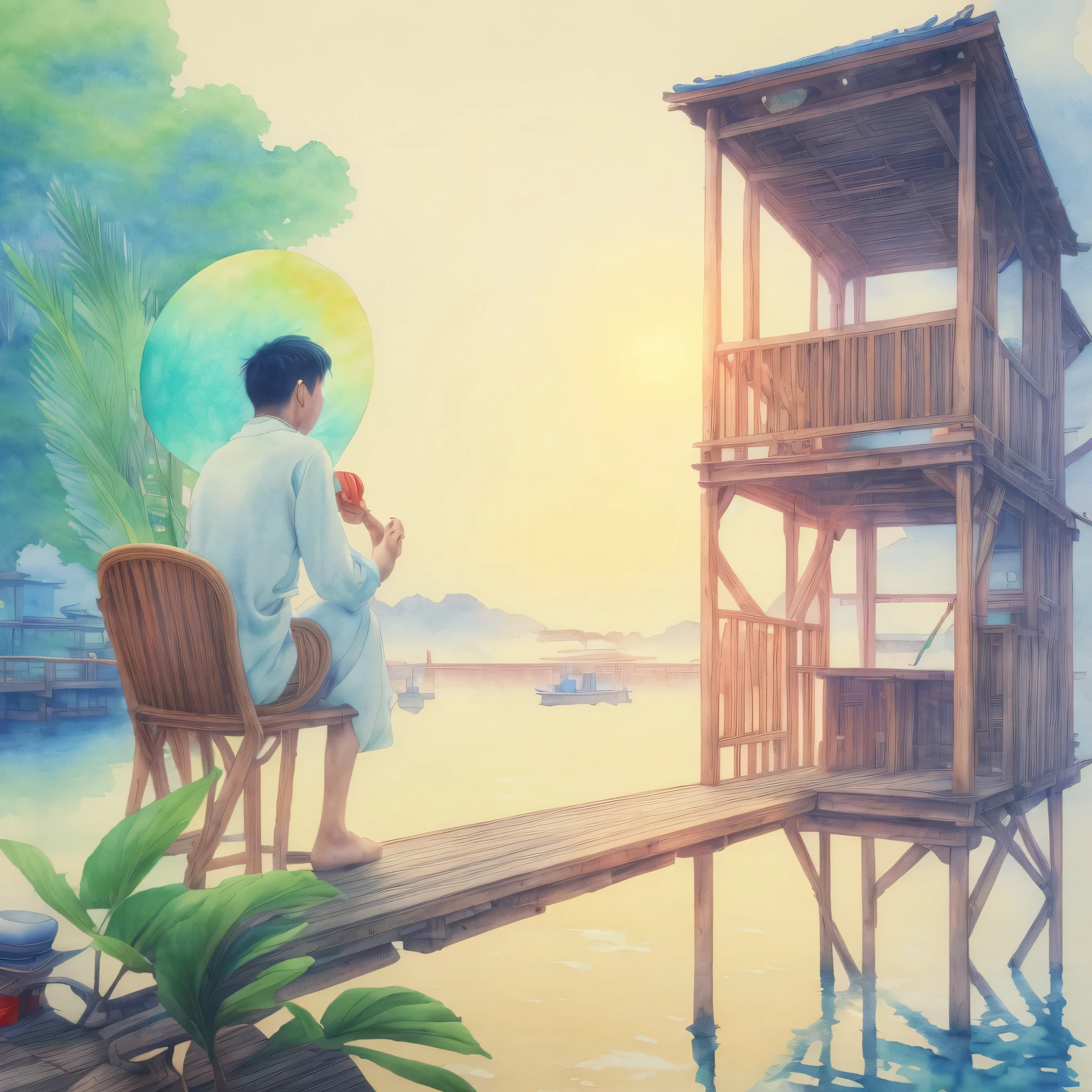 there a man sitting on a chair on a dock with a straw hat, by Fei Danxu, highly detailed water colour 8k, highly detailed water colour 8 k, traditional art, by Ni Yuanlu, artwork in the style of guweiz, realism art, inspired by Rudy Siswanto, by Yan Hui, relaxing concept art