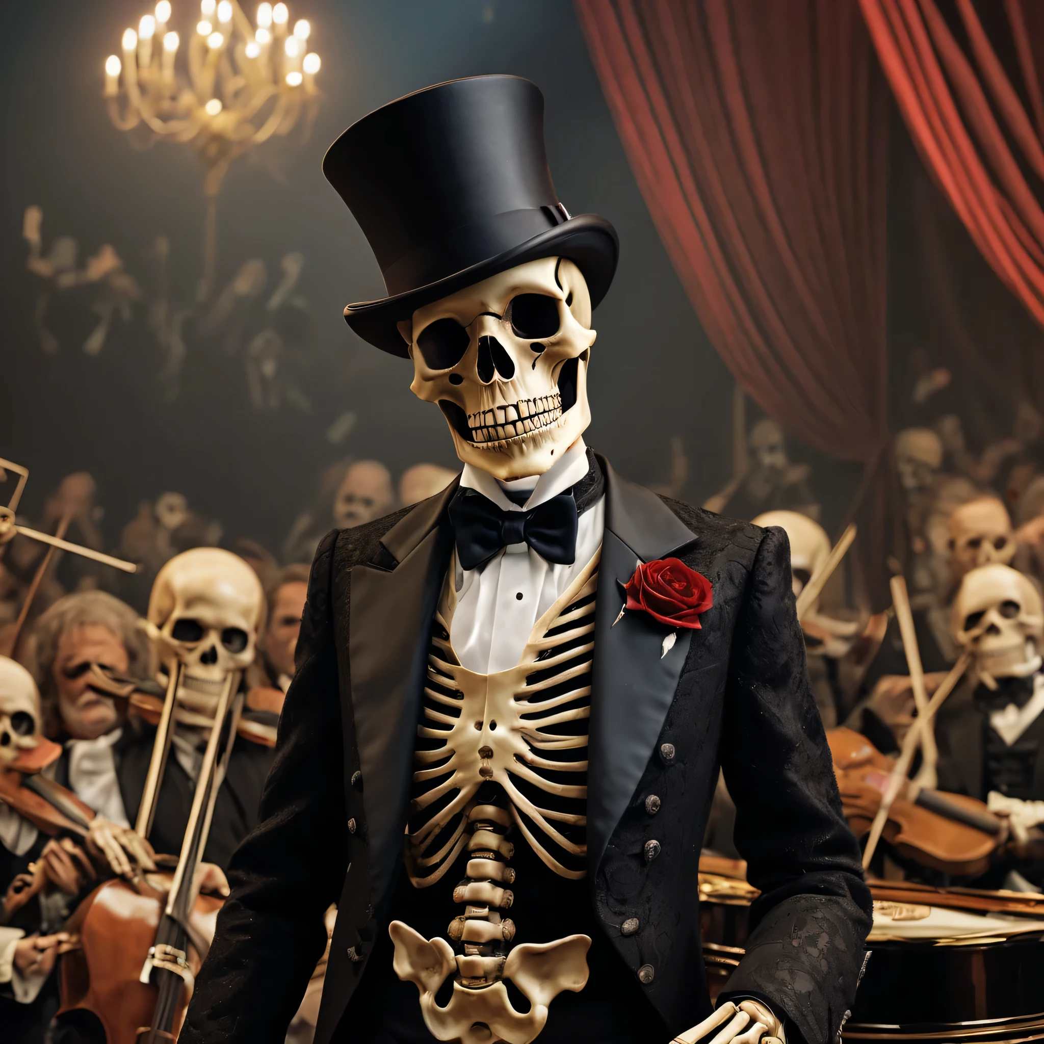 (best quality,8K,high resolution,muste piece:1.2,details:1.5),Super detailed:1.5,An eerily realistic pitch-black skeleton,orchestra,Playing,wearing formal attire,tuxedo,elaborate corpse,scary theme,cloudy,horror festival setup
