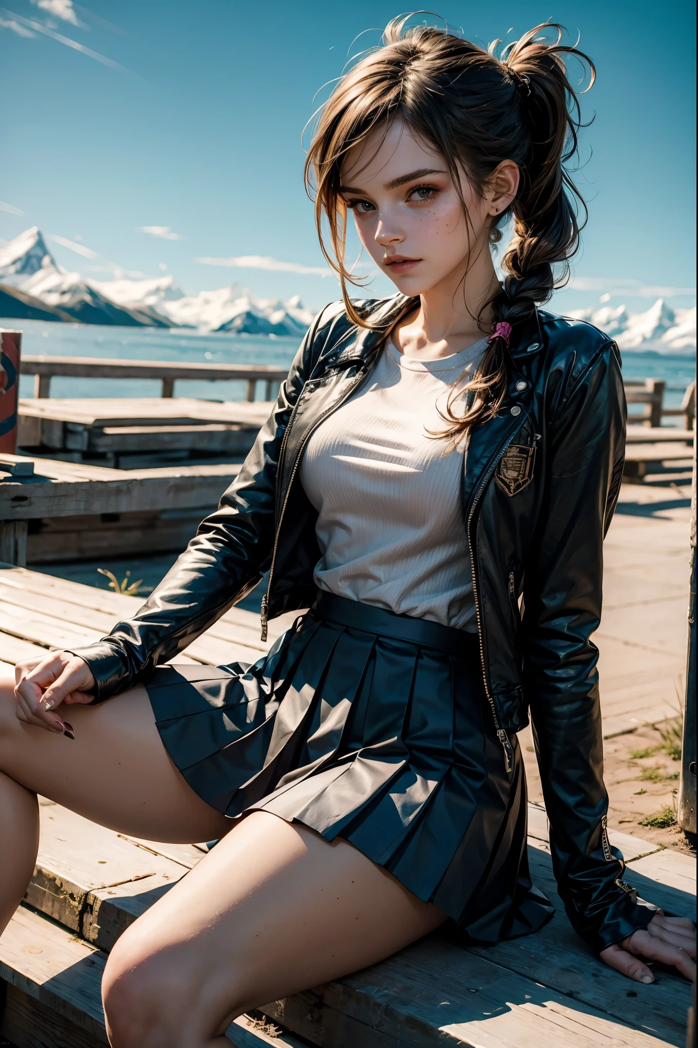 zoom out. masterpiece. highly detailed. A beautiful Emma Watson dressed as schoolgirl in a tight intricate costume, pleated skirt. slender and athletic. freckles. pigtails. She is on a glacial on the arctic. sitting on a fence. sparkly hair. shiny skin.