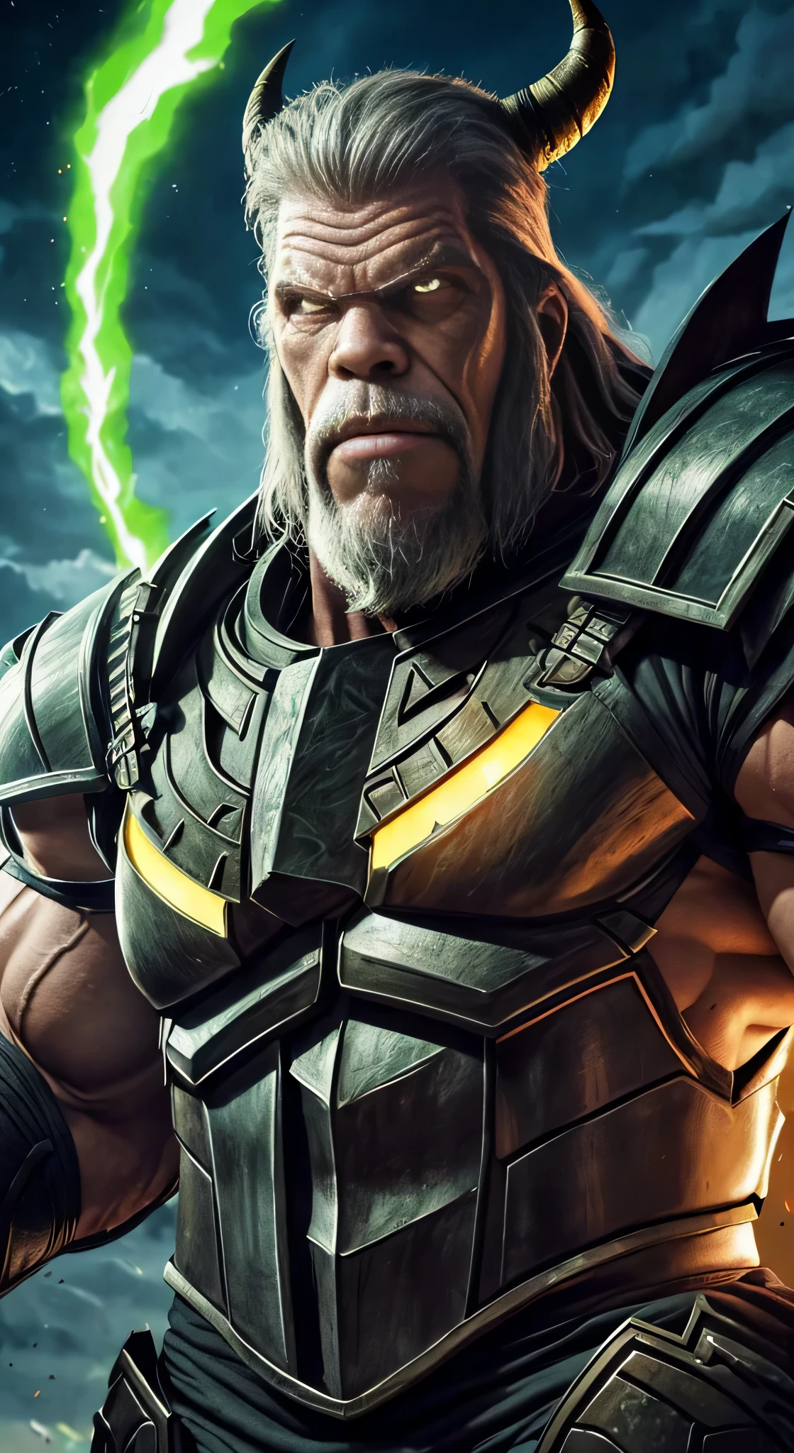actor ((Ron Perlman)) as Motaro from Mortal Kombat, towering and muscular creature, combining the upper body of a powerful humanoid warrior with the lower body of a massive four-legged stallion, a set of large, menacing horns on his head, green glowing eyes, wearing armor, intricate, high detail, sharp focus, dramatic, photorealistic painting art by greg rutkowski