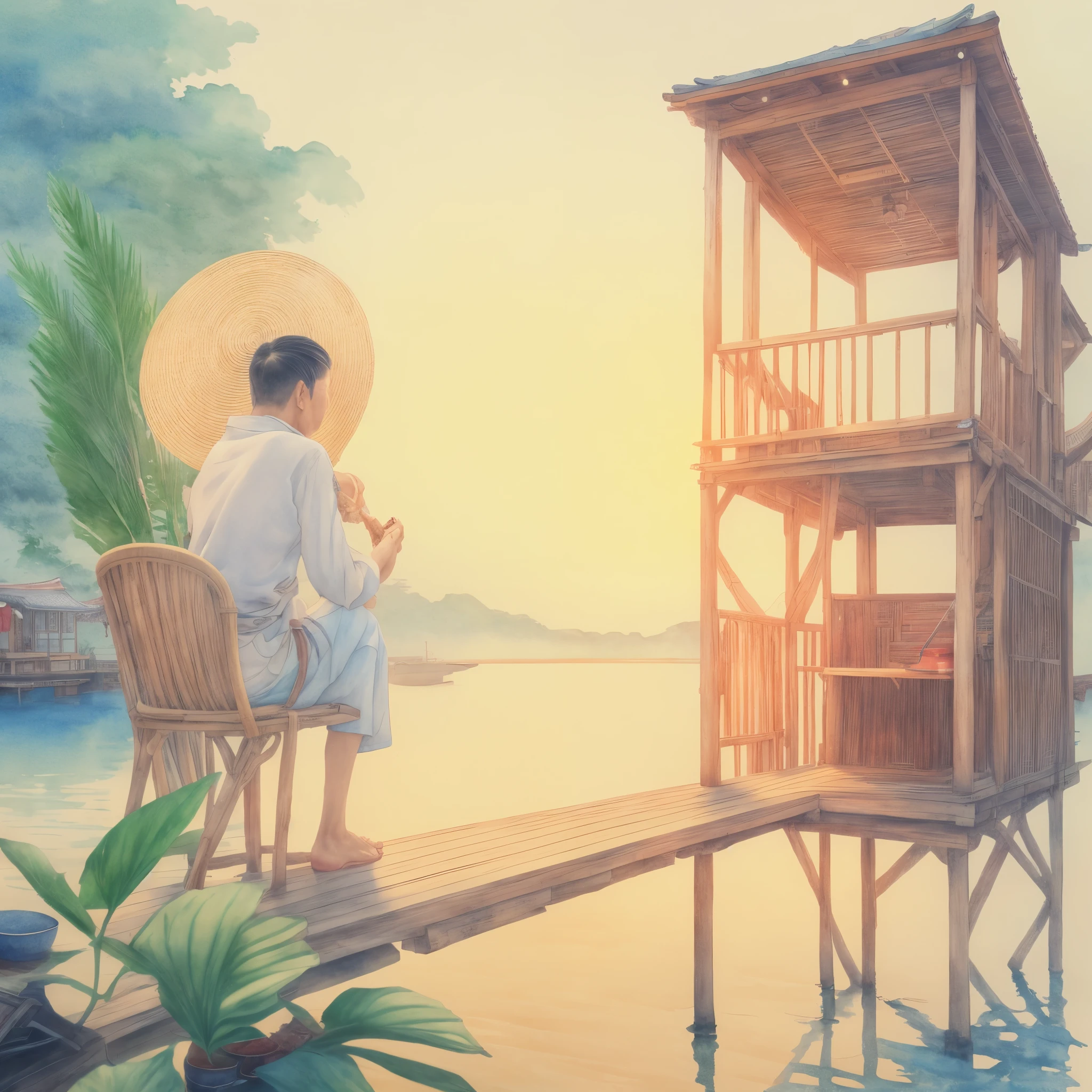 there a man sitting on a chair on a dock with a straw hat, by Fei Danxu, highly detailed water colour 8k, highly detailed water colour 8 k, traditional art, by Ni Yuanlu, artwork in the style of guweiz, realism art, inspired by Rudy Siswanto, by Yan Hui, relaxing concept art