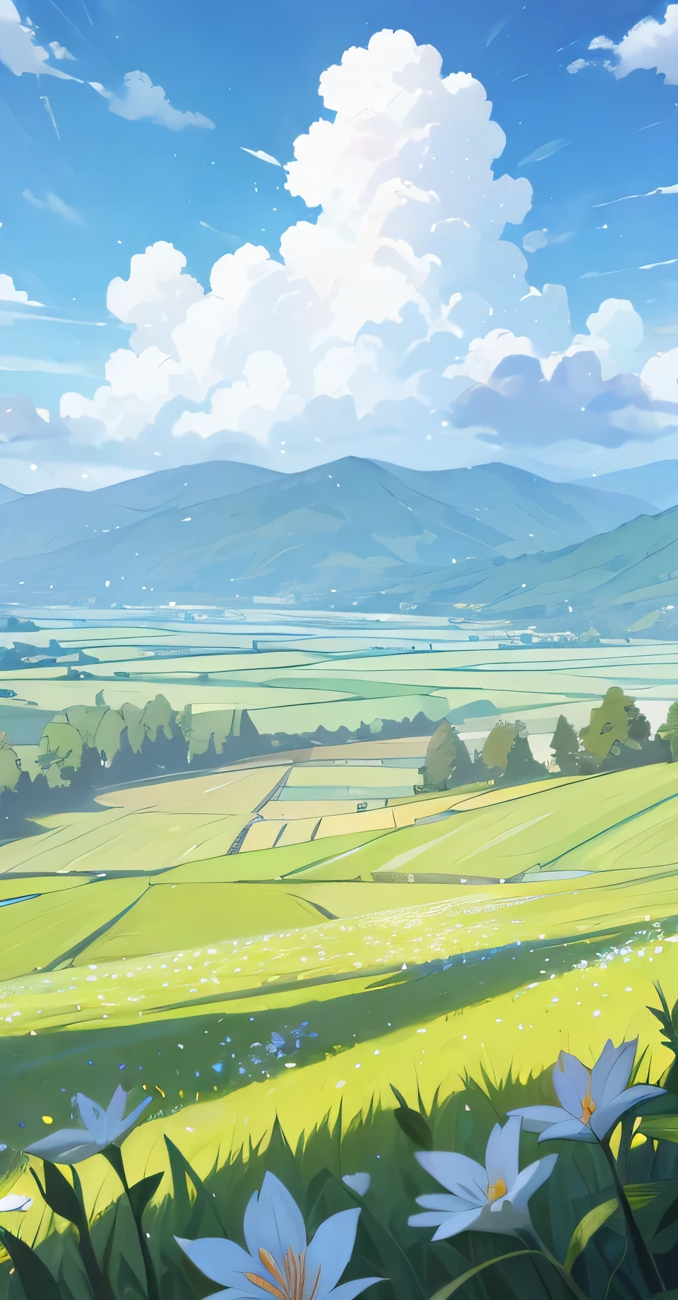 there a cartoon picture of a green field with flowers, anime countryside landscape, anime landscape, anime background art, anime scenery concept art, anime landscape wallpaper, detailed scenery —width 672, beautiful anime scenery, anime scenery, painted in anime painter studio, ross tran. scenic background, scenery artwork, mountain valley, mountainous area, mountainside, background art