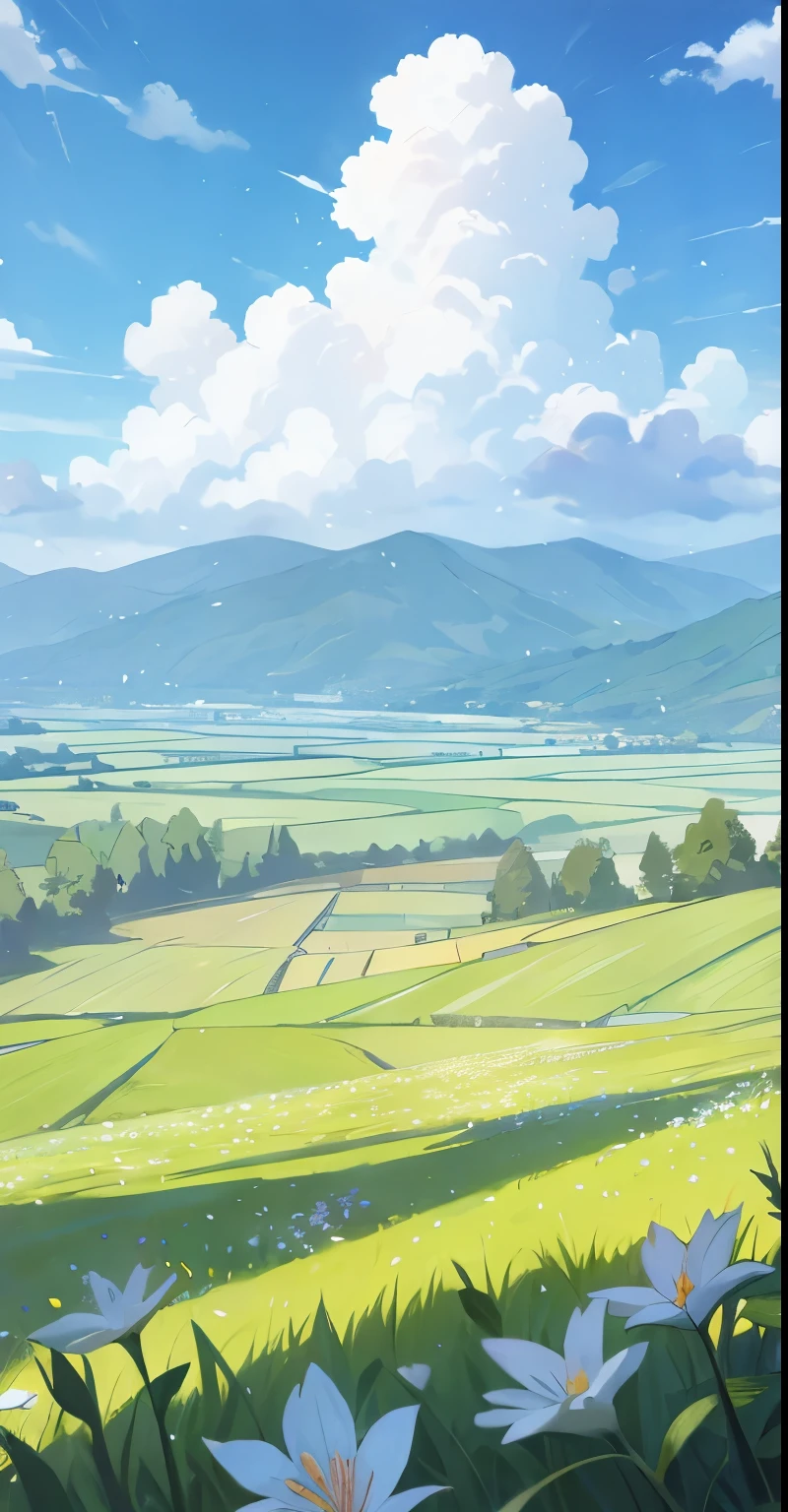 there  a cartoon picture of a green field with flowers, anime countryside landscape, anime landscape, anime background art, anime scenery concept art, anime landscape wallpaper, detailed scenery —width 672, beautiful anime scenery, anime scenery, painted in anime painter studio, ross tran. scenic background, scenery artwork, mountain valley, mountainous area, mountainside, background art