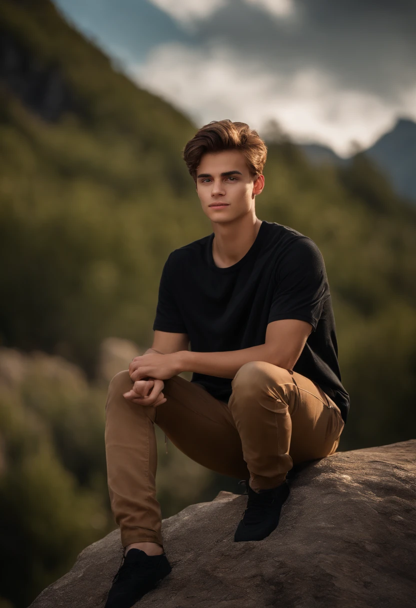 teenager boy,19 year old , big forehead, short hairs, light smile, model, sitting on big rock , mountain behind ,black shirt and brown cargo pants, cinematic lights, cinematic lighting, god rays, UHD, masterpiece, ccurate, anatomically correct, textured skin, super detail, high details, high quality, award winning, highres, 4K, HD