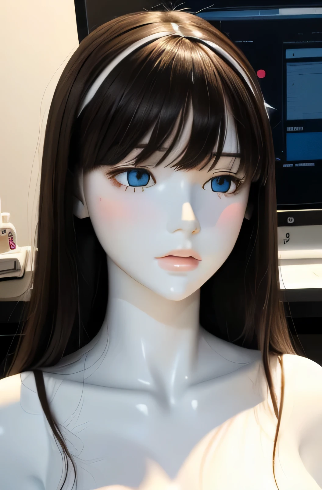 全身mannequin,そのmannequinは美しいです,あのmannequinは女子高生です,mannequinの身長は165cmです,mannequinの色'my face is white.,mannequinの色'The body is pure white.,そのmannequinは茶色の髪をしています(straight hair,bangs),mannequin has a long, thin face.,mannequinの色'lips are light pink.,mannequin'eye color is black,mannequin is stroking the computer.