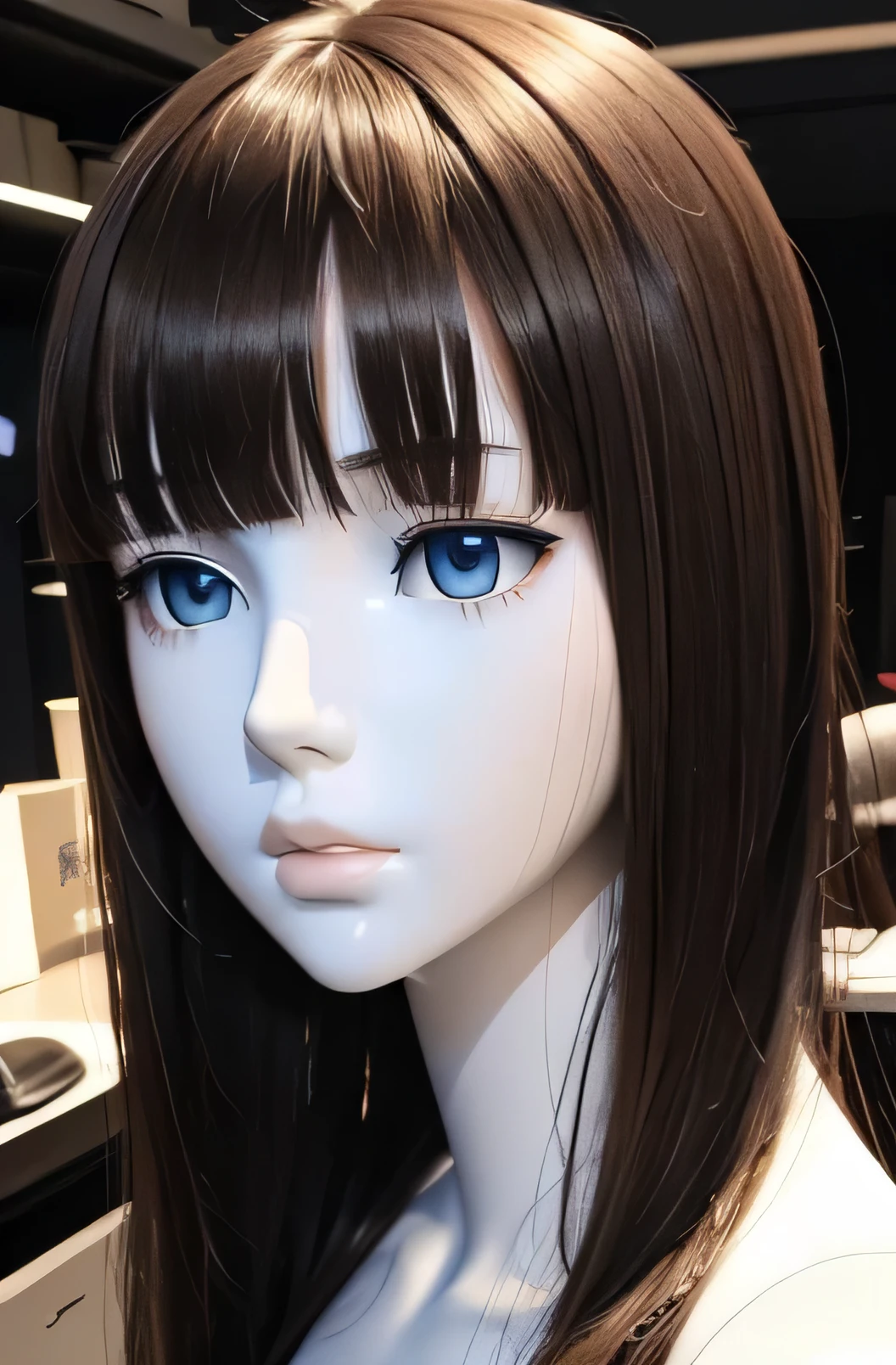 全身mannequin,そのmannequinは美しいです,あのmannequinは女子高生です,mannequinの身長は165cmです,mannequinの色'my face is white.,mannequinの色'The body is pure white.,そのmannequinは茶色の髪をしています(straight hair,bangs),mannequin has a long, thin face.,mannequinの色'lips are light pink.,mannequin'eye color is black,mannequin is licking the computer.