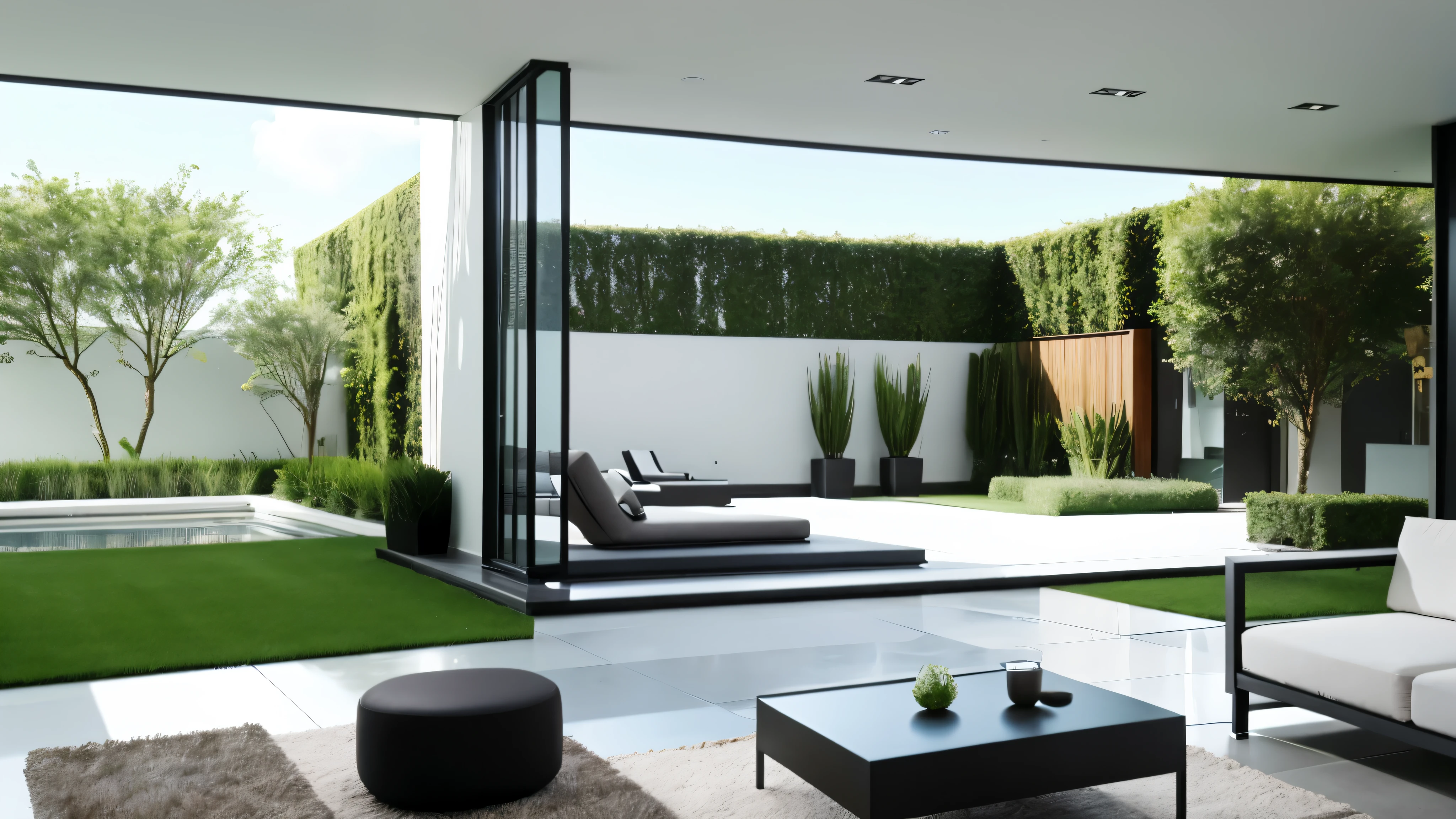 You are a famous interior designer、You have been asked to create a 3D image of a modern large room. Create a harmonious environment with modern and minimalist furniture. Including garden interior.
