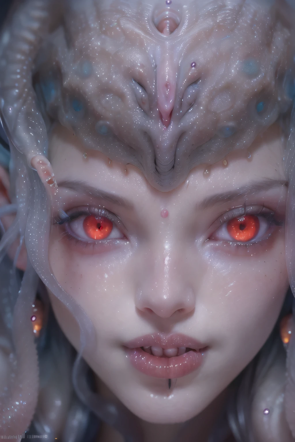 scary and sexy detailed art in color, Portrait, (beautiful and obscene female alien:1.4), (vulgarity1.7), (she has red eyes with no pupils:1.8), (Translucent white skin:1.7), (There is a female genital-like organ in the middle of the forehead:1.9), (The most beautiful face in the history of the universe:1.2),an evil gaze that seduces, (large mouth:1.1), (sharp teeth like a vampire:1.2), Full body portrait, (bio luminescent:1.5), (Smile wickedly:1.3), (sexypose:1.5), alien, No humans, cells are fused, (Lots of translucent tentacles:1.3) extraterrestrial, cell, bio image, best quality, 8K, In 4K_quality, High freshness, Dramatic Lighting, masutepiece:1.5,cinematic quality, detail up, (exquisite details:1.2), high resolution, High freshness, drawing faithfully, (Thick eyebrows:1.2), Beautiful eyes with fine symmetry,(Highly detailed face and eyes:1.2), Intimate face, (Super detailed skin quality feeling:1.4), perfect anatomy, (Beautiful toned body:1.5), (Moist skin:1.2), not wearing makeup, (dark circles:1.1), long canines, cinematic drawing of characters, ultra high quality model, cinematic quality, detail up, (exquisite details:1.2), high resolution, High freshness, drawing faithfully, official art, Unity 8K Wall paper, best quality, Very high resolution, ultra detailed artistic photography, midnight aura, unreal engine 5, Ultra Sharp Focus, art by Amano Yoshitaka, ArtGerm, Roisch, intricate artwork, best quality, masterpiece, ultra high resolution, (photos realistic:1.4), ultra realistic realism, dream-like, nautilus, Creation of fantasy, Snail, Dream Snail, (biopunk nautilus:1.3),Thrilling color schemes, ultra realistic realism, seductively smiling, Blue tentacles, Amazing mutation, well-proportioned body, goddess of the deep sea