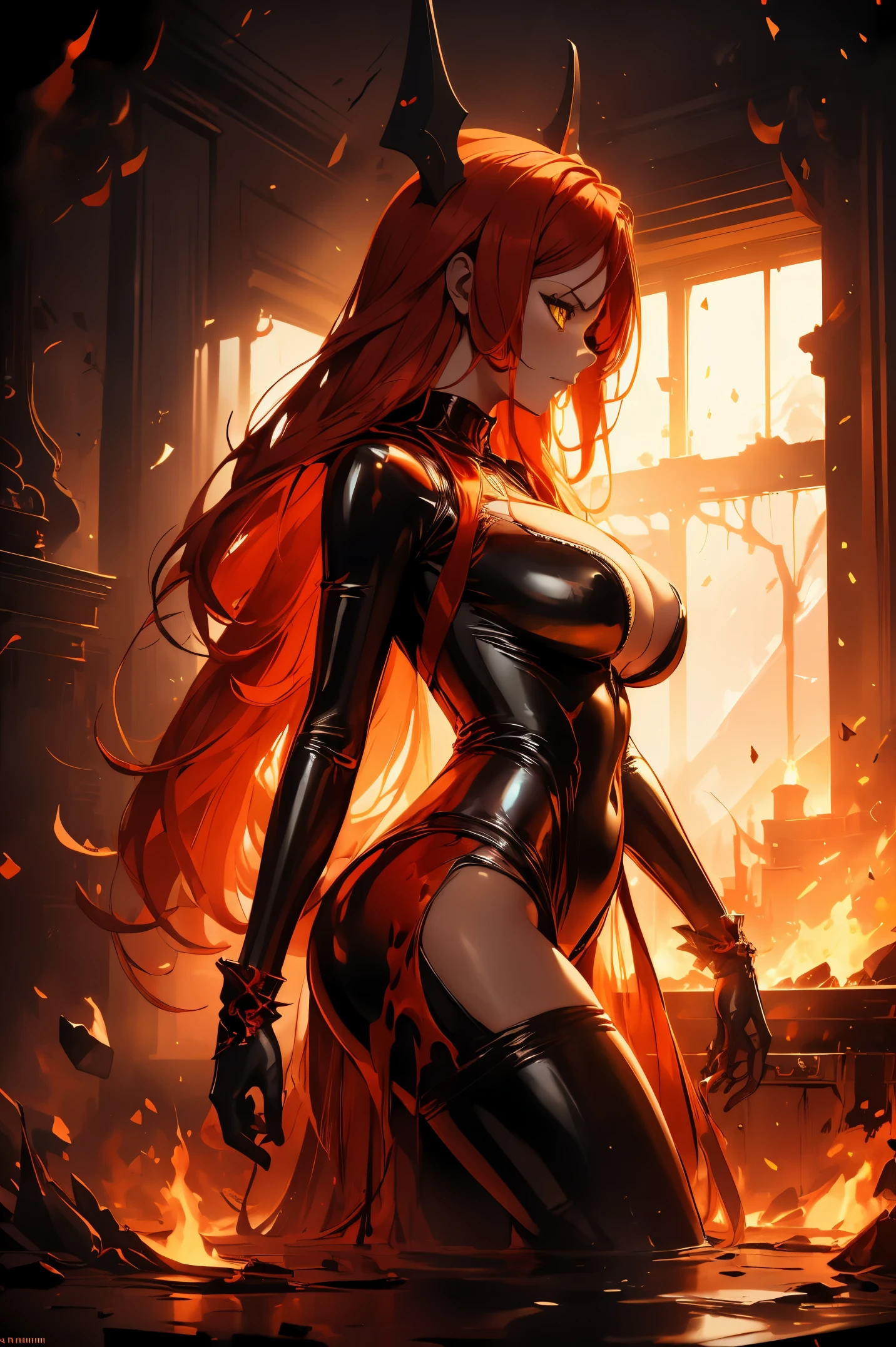  It  in color and uses the flames, standing in the middle of the image masterpiece, best quality) an woman with very long red hair, neckline, black ribbons, (profile picture), bodysuit, cold look, queen, good anatomy, correct proportions, torn clothes, queen, serious, mysterious appearance, blood, emotionless, evil, (yellow eyes), gothic, large chest, cinematics, color oil painting, solo, cinematic lighting, extremely detailed face, finely detailed face, beautiful face, beautiful eyes, perfect lighting, depth of field, realistic proportions, good anatomy, ((((Obra maestra, La mejor calidad, ultrahigh resolution)))), 1girl, standing, (sexy latex costume)