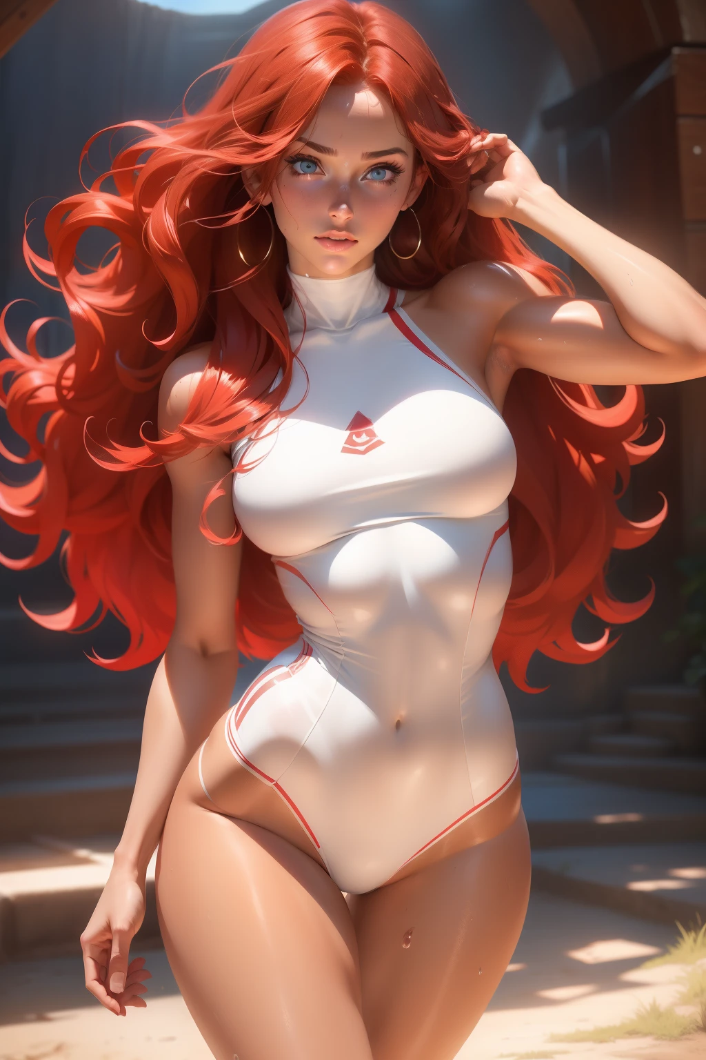 (1girl, 18 year olds),medium breasts, breasts,european, red hair, blue eyes, tan, dewy skin, sweaty skin, wavy hair, beauty, ultra-realistic, ultra lifelike, 4k, unreal engine, perfect face, full body shot, thigh gap, slim thighs
