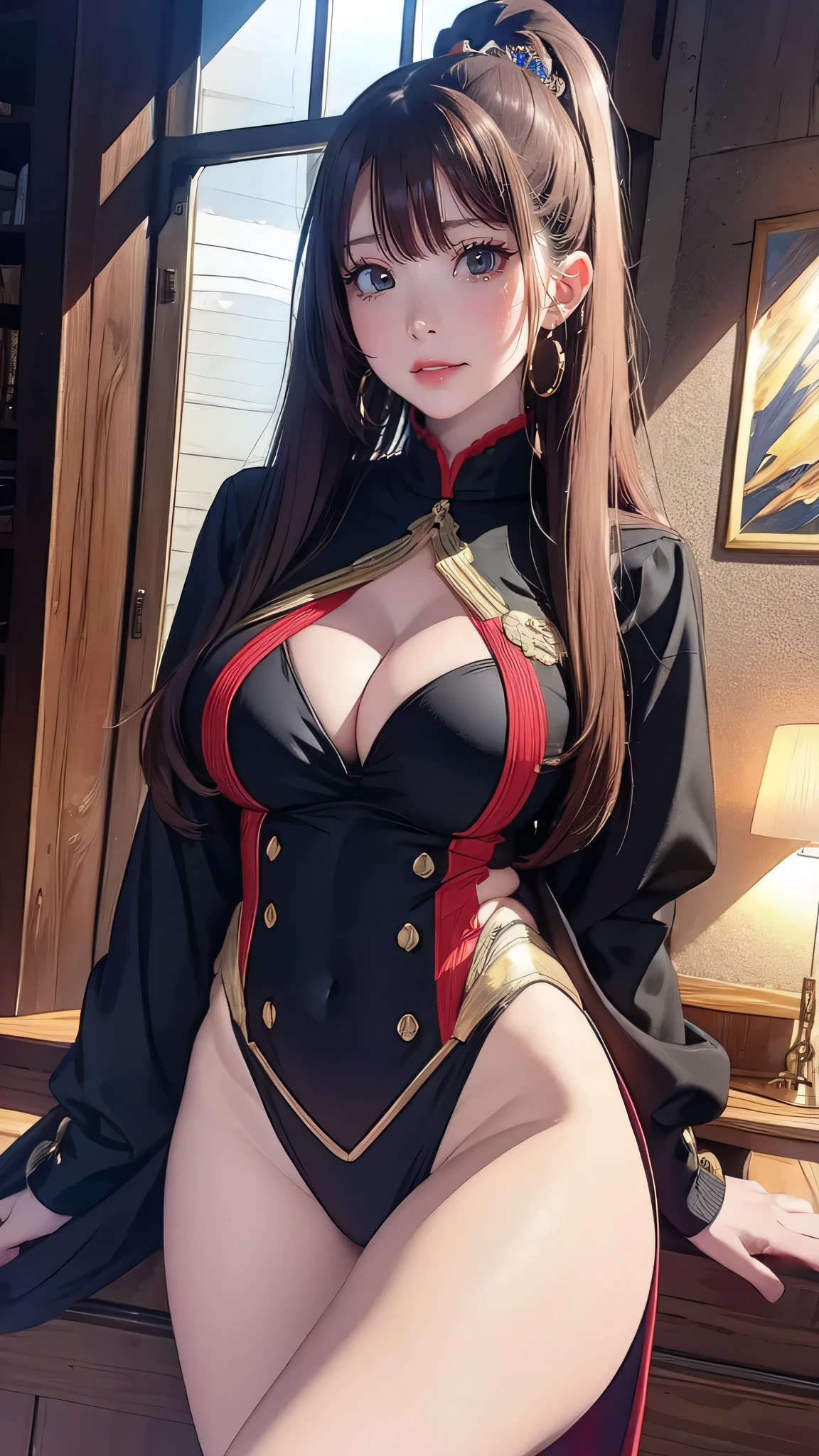 whole body,(random active pose),1 girl,(highly detailed skin),(winding),(small),beautiful胸,(big breasts),white skin,pointed chest,erect nipples,(fantasy art,best image quality,hyperrealist portrait,(8k),surreal,最high quality, high quality, High resolution, high quality texture,high definition,beautiful,Detailed,Highly detailed CG,Detailedテクスチャー,realistic expression of face,masterpiece,presence,dynamic,bold),ponytail,(super thin hair),(super soft hair),(ultra straight hair:1.5),long flowing bangs,Extra bright coppery amber hair,hair above one eye,dressed