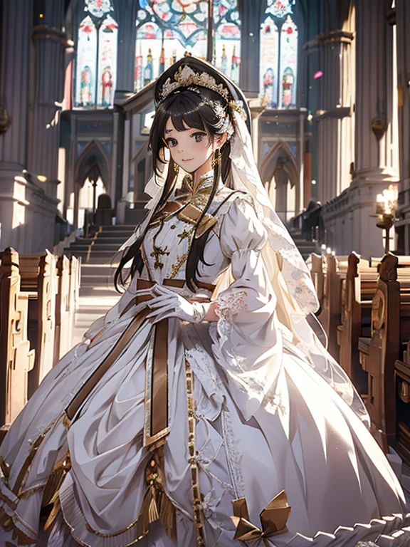 In front of the altar of a majestic church、（blurred background）、brighter light、golden long hair girl、Classic White Wedding Dresses、（elegant luster）、（Lots of races）、lots of ribbons、((voluminous puff sleeves))、long cuffs with many buttons、golden embroidery、long train、white embroidered gloves、five fingers、laughter、Redness of the cheeks、look at camera