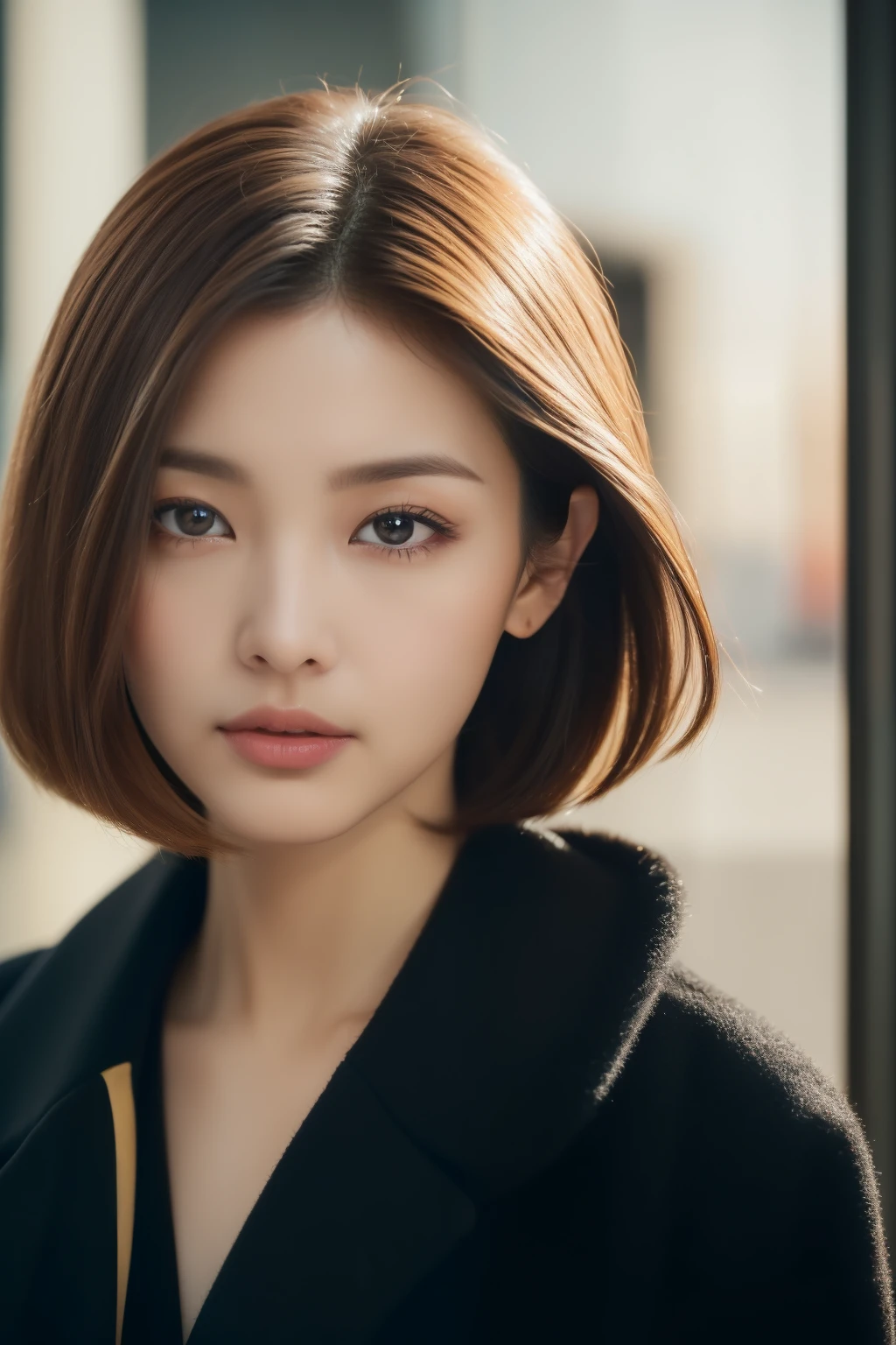 ((highest quality、In 8K、masterpiece:1.hot reality(1.4))、The gesture of combing your hair,RAW photo,thin legs、sexy woman、light brown hair、short hair、Wearing a black coat、Walking around the city、delicate eyes、double eyelid、composition of golden ratio、natural and realistic perspective、
