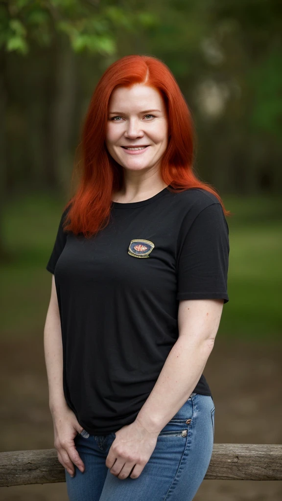 smiling woman with a red hair and a black tshirt and jeans, this person does not exist, probably in her 30s, pale white skin, ugly facial features, frumpy body, ugly body, chubby body, elena vesnina-kate mulgrew-schuyler fisk-suzy amis merged, entire body visible, full body, hyperrealistic, best quality, 8K, real human skin, masterpiece, extremely intricate, medium closeup, detailed eyes, detailed face, detailed body, exaggerated features, pronounced features