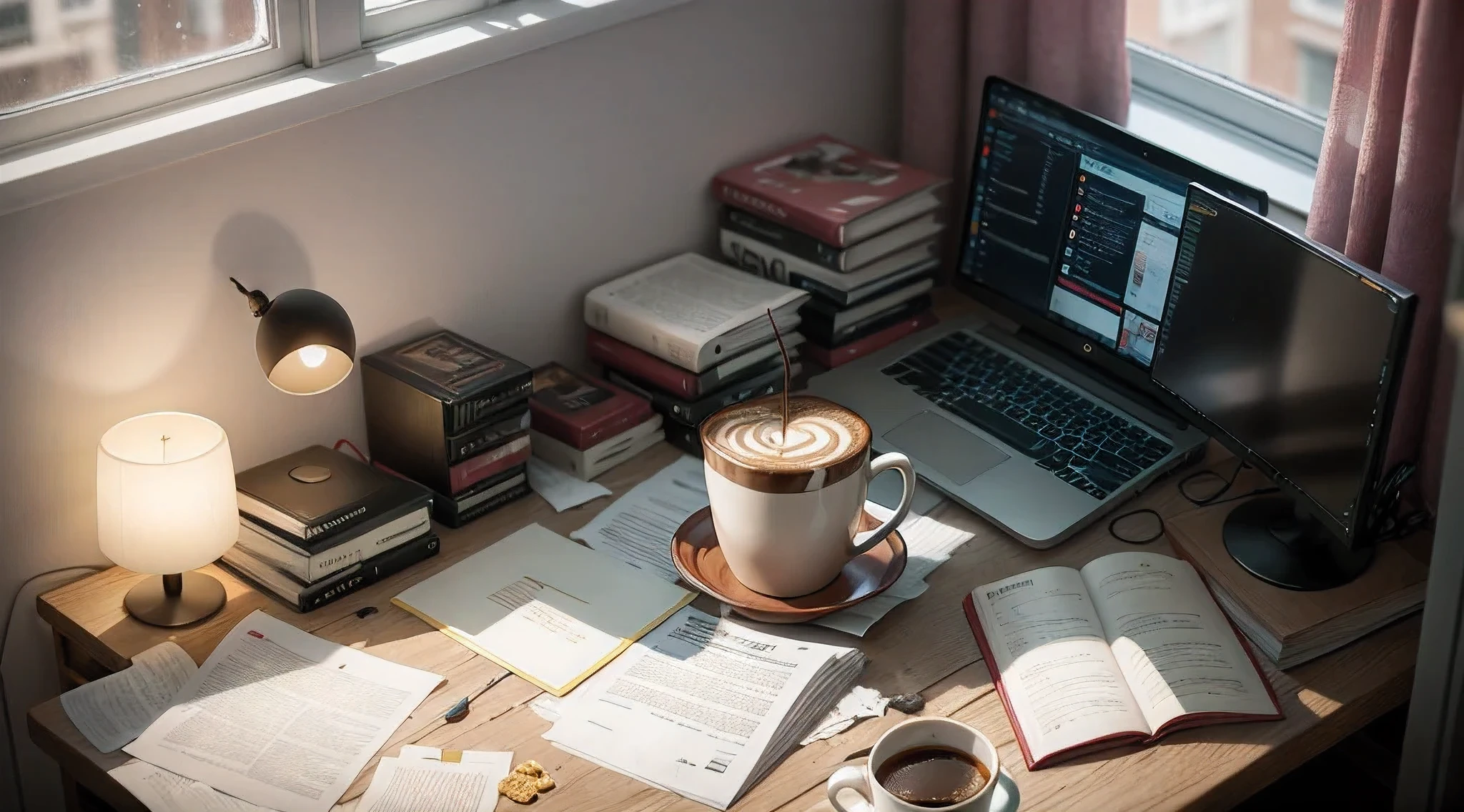 The ultimate procrastination scene: a messy room, with an overloaded bed and a spilled coffee cup on the floor. A computer screen with unfinished work on it, and an unopened book resting beside it. The window covered by blinds to shut out the sunlight, except for a small spot where dust particles are floating in the air. An open pack of snacks sitting on the desk, surrounded by empty coffee cups and crumpled .