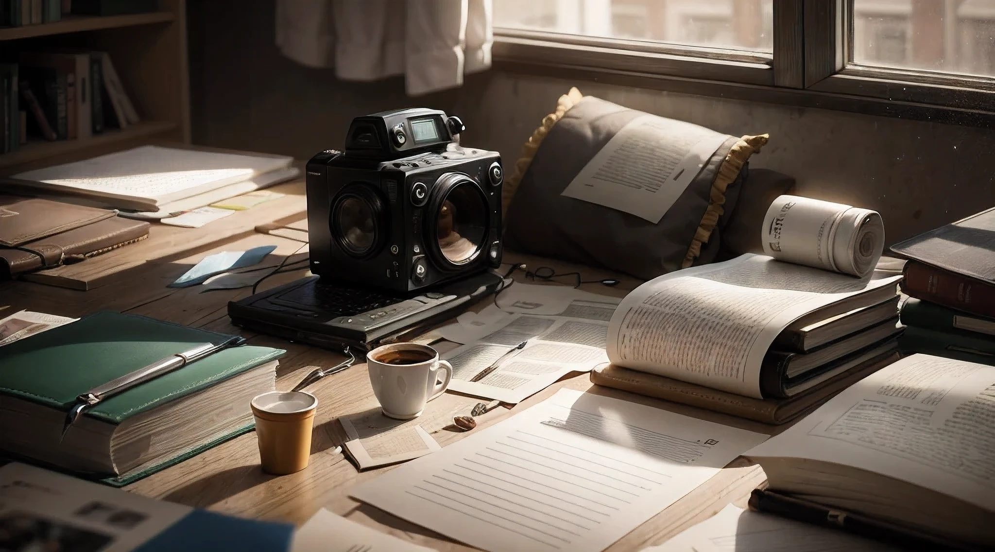 The ultimate procrastination scene: a messy room, with an overloaded bed and a spilled coffee cup on the floor. A computer screen with unfinished work on it, and an unopened book resting beside it. The window covered by blinds to shut out the sunlight, except for a small spot where dust particles are floating in the air. An open pack of snacks sitting on the desk, surrounded by empty coffee cups and crumpled .

 