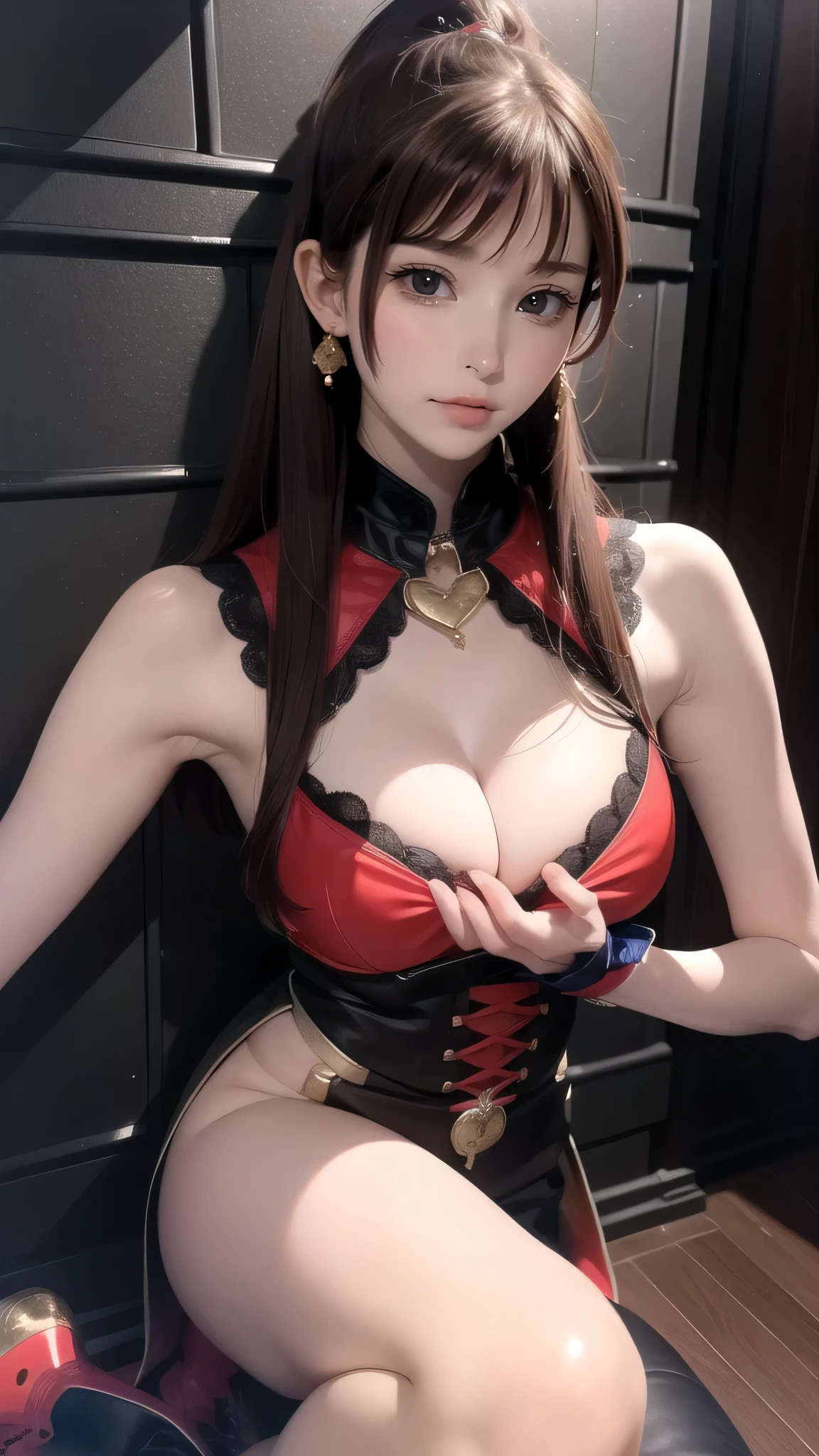 whole body,(random active pose),1 girl,(highly detailed skin),(winding),(small),beautiful胸,(big breasts),white skin,pointed chest,erect nipples,(fantasy art,best image quality,hyperrealist portrait,(8k),surreal,最high quality, high quality, High resolution, high quality texture,high definition,beautiful,Detailed,Highly detailed CG,Detailedテクスチャー,realistic expression of face,masterpiece,presence,dynamic,bold),ponytail,(super thin hair),(super soft hair),(ultra straight hair:1.5),long flowing bangs,Extra bright coppery amber hair,hair above one eye,dressed