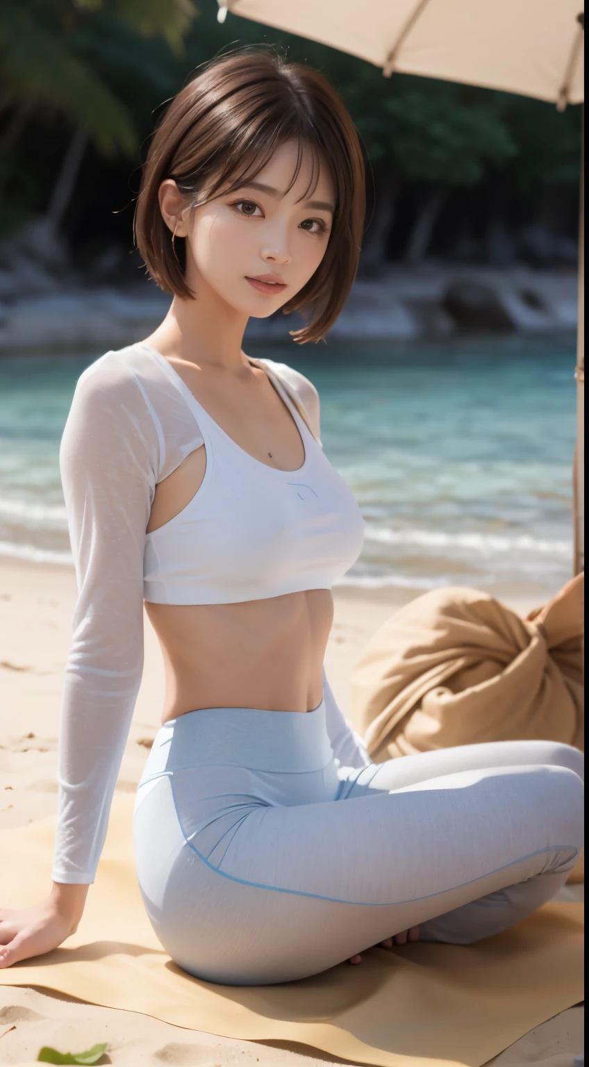 stunning beauty,(realistically:1.4),best quality,T Masterpiece,very delicately beautiful,very detailed,ticker,8K wallpaper,fine detail,1 girl,look at viewer,long legs,short hair,yoga pants,go barefoot,On the sandy beach、Stand on a yoga mat,yoga poses、Wearing sportswear、short hair
