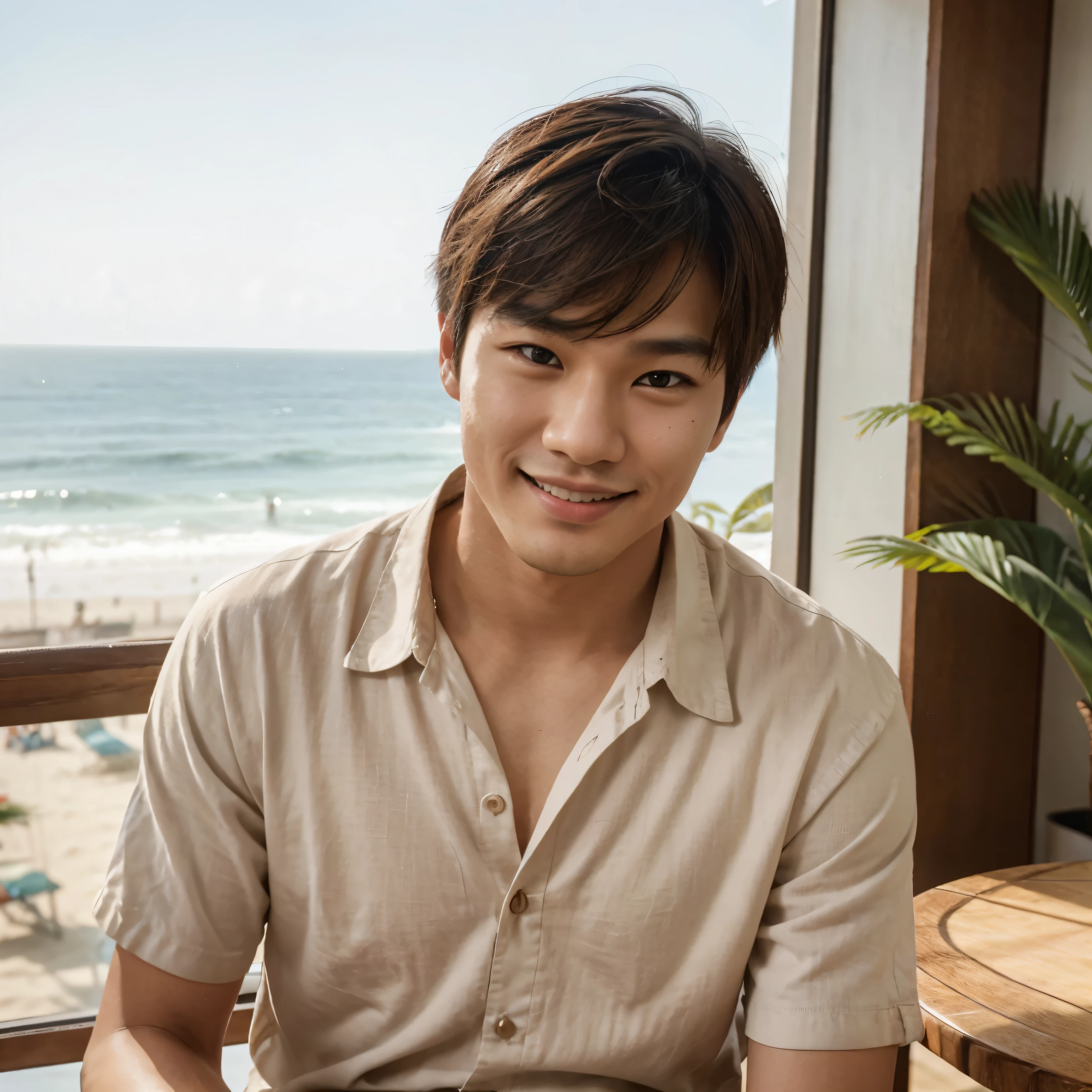 Snap a casual yet captivating photo of Haruto Kim, a Korean-Thai man in his early twenties with an oval face, almond-shaped brown eyes, and stylish messy ash brown hair, as if taken with an iPhone. He's lounging at a beachside café in Thailand, with the ocean subtly visible in the background. Dressed in a simple, stylish linen shirt, open at the collar, he exudes warmth with a genuine, engaging smile. The shot is close enough to focus on his face and the top of his attire, portraying him as approachable and friendly. This image embodies his laid-back yet intriguing persona, perfect for an Instagram profile picture.