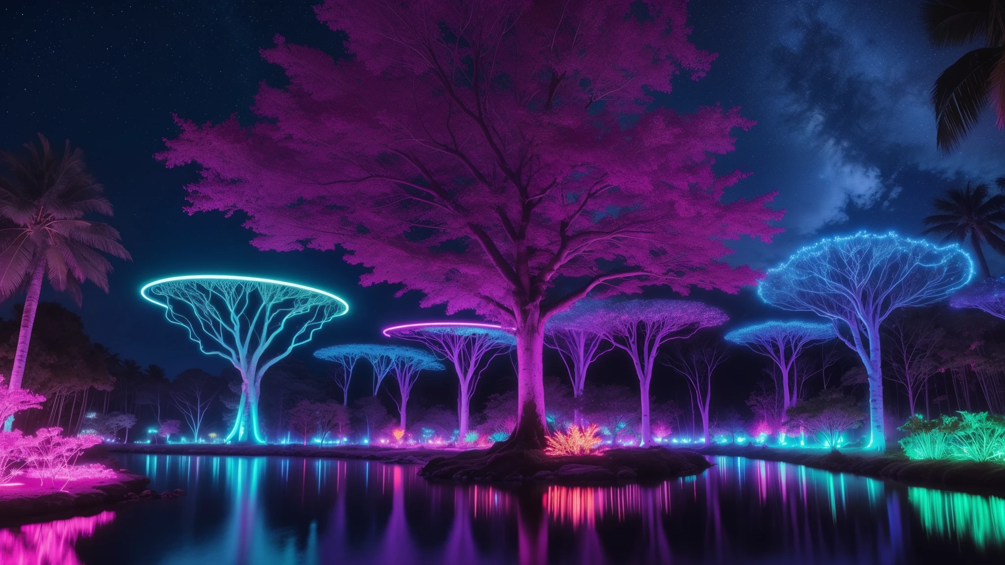 A big place with neon plants like alien style with tribe villages and with big trees in these trees their roots are kind of big neon and the trunk is kind of colorful, com rio passando com uma agua bem clara, When you look at the reflection of the water it gives neon lighting and the sky has colorful clouds (neon rave) neon lights super neon clarity, show wonderful lights wonderful night party  multcolor lights animal multcolor neon, radiant, creative ultra rave multcolored 