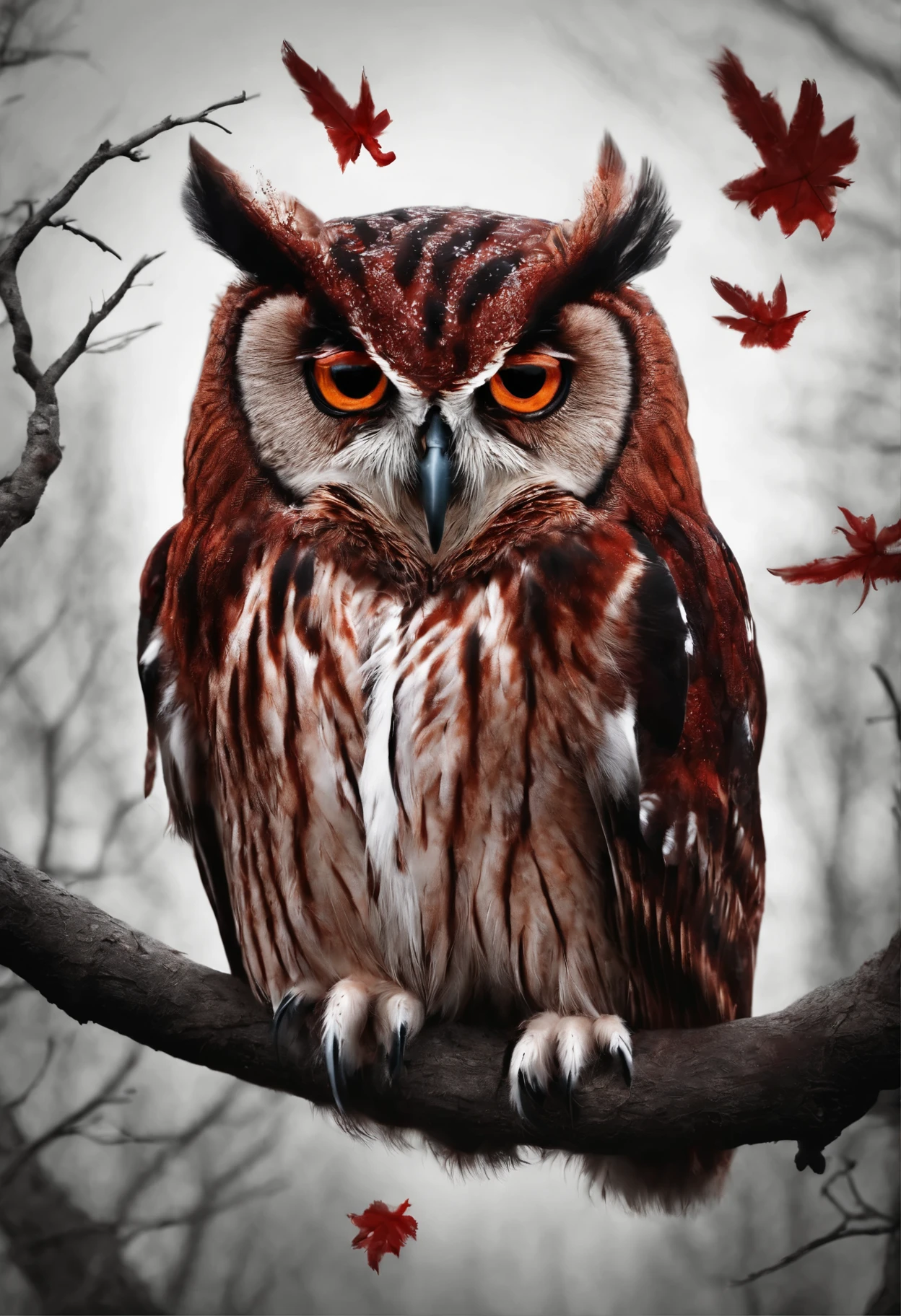 bloodsucker owl, owl monster, Werewolf owl, feathers in the blood, bloody owl