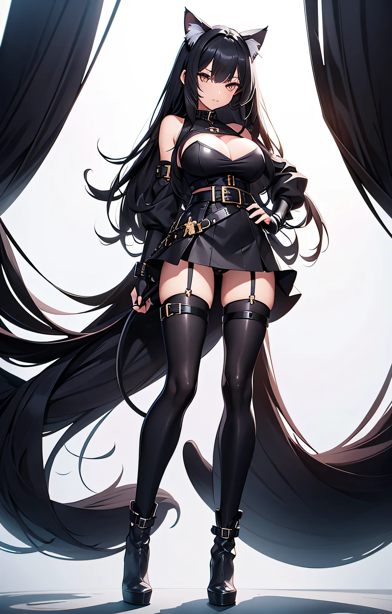 Cat girl, slim body, long legs, huge breasts, black hair, high boots, battle gloves, belt, mini skirt, long tail, big ears,8k, hd, masterpiece, white background, full body