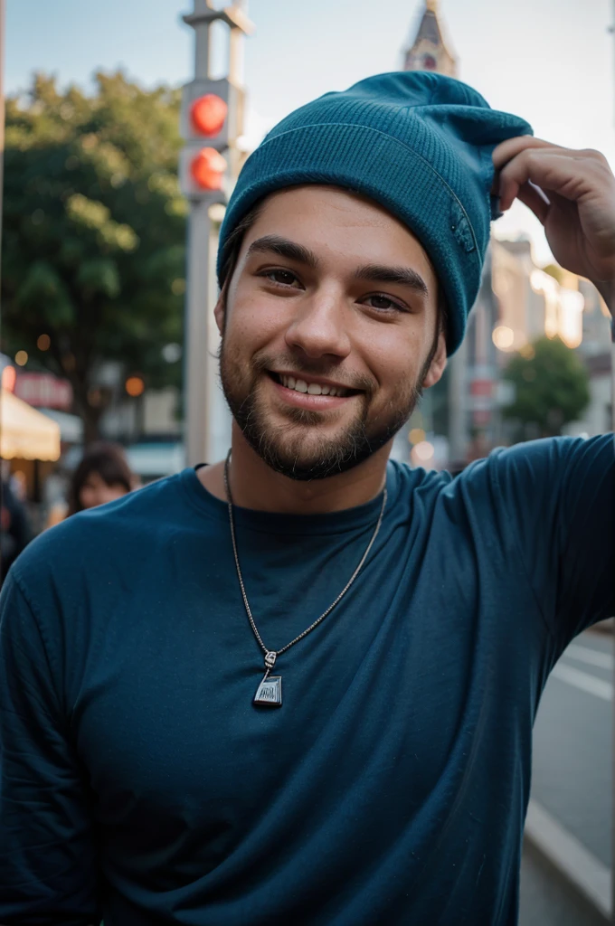 young man of Russian and Austrian descent, smiling with teeth showing, full thick beard and dimples, long face, wide nose, hazel eyes, thick eyebrows, wearing a blue beanie, blue shirt, short hair, high buccal fat, -focus, 35mm, photorealistic, Canon EOS 5D Mark IV DSLR, f/5.6 aperture, 1/125 second shutter speed, ISO 100 --ar 2:3 --q 2 --v 4