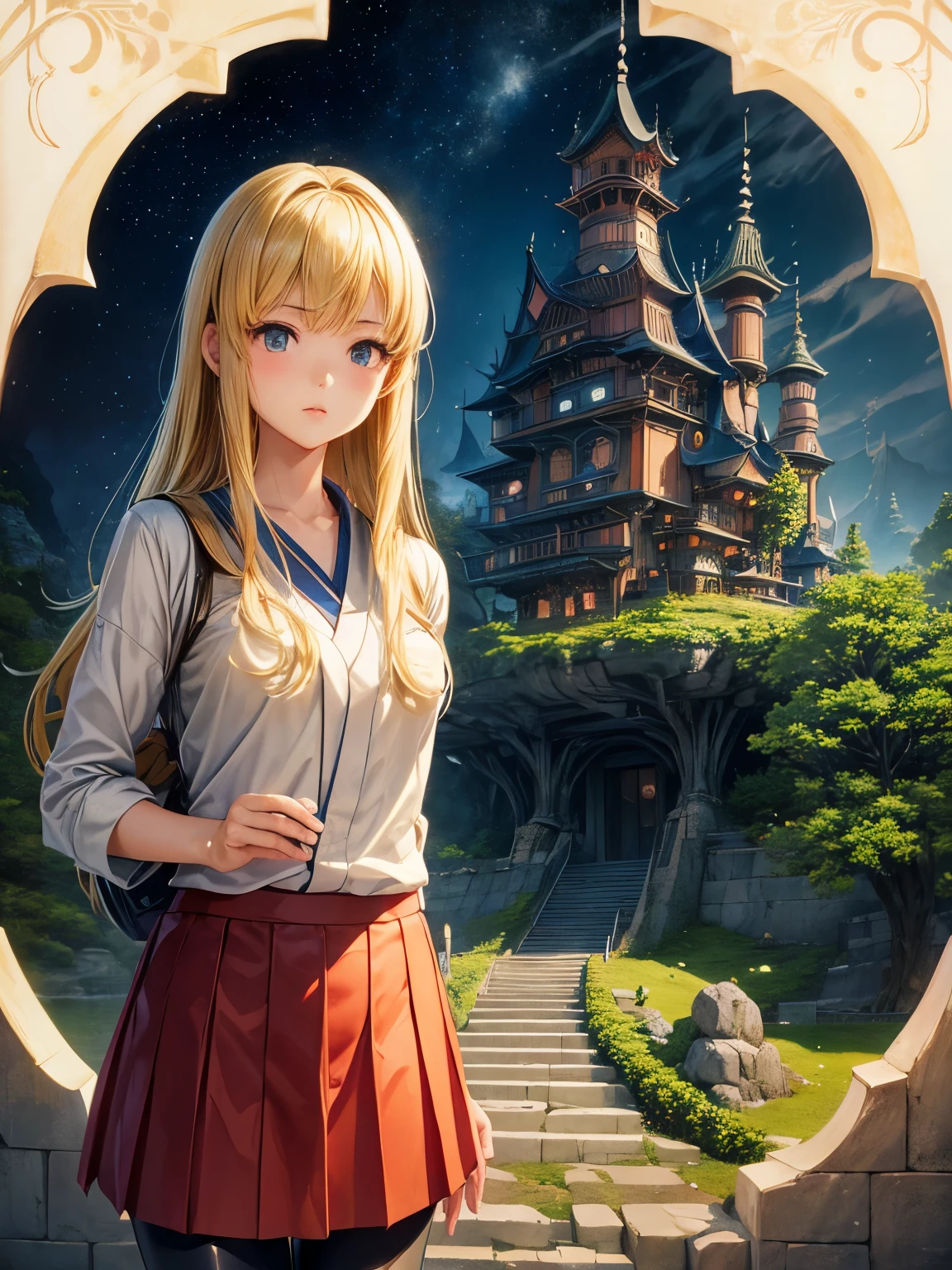 Megumi Tachikawa, Jacek Yerka, Surreal, mysterious, strange, fantastical, fantasy, Sci-fi, Japanese anime, blonde miniskirt beautiful girl Alice, bicycle trip between day and night, perfect voluminous body, detailed masterpiece 