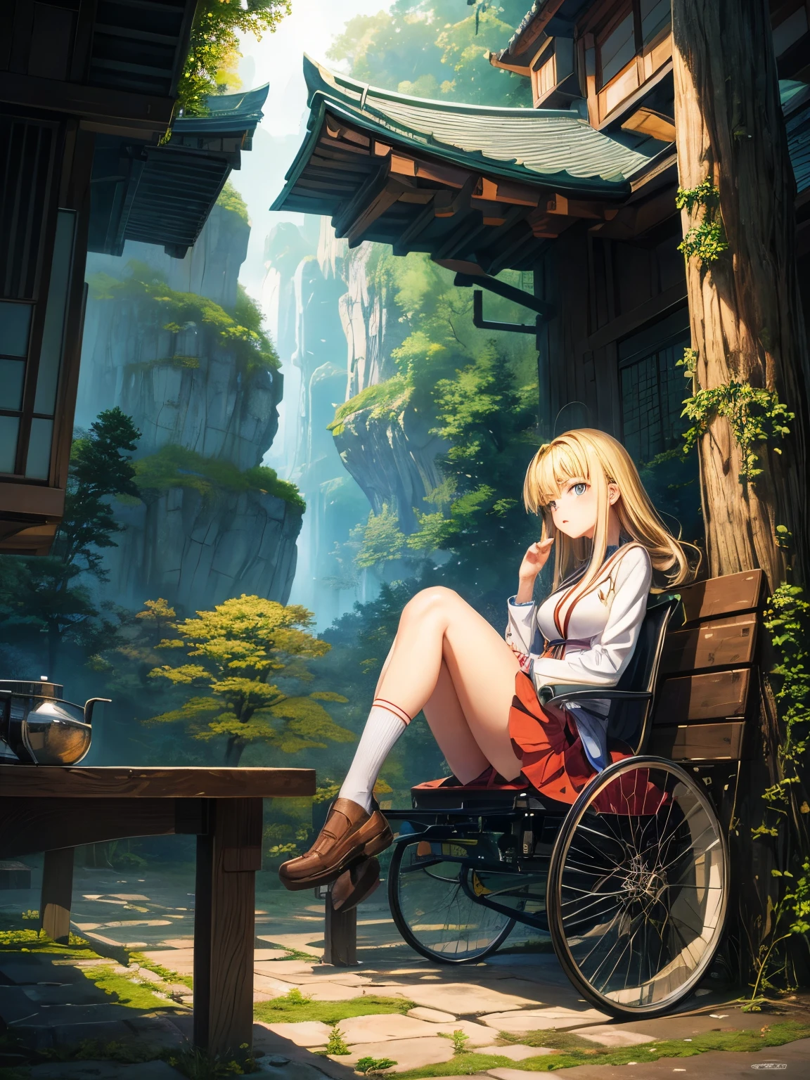 Megumi Tachikawa, Jacek Yerka, Surreal, mysterious, strange, fantastical, fantasy, Sci-fi, Japanese anime, blonde miniskirt beautiful girl Alice, bicycle trip between day and night, perfect voluminous body, detailed masterpiece 