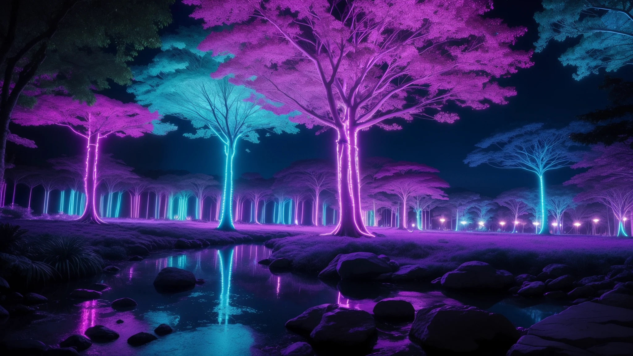 A big place with neon plants like alien style with tribe villages and with big trees in these trees their roots are kind of big neon and the trunk is kind of colorful, com rio passando com uma agua bem clara, When you look at the reflection of the water it gives neon lighting and the sky has colorful clouds (neon rave) neon lights super neon clarity, show wonderful lights wonderful night party multcolor lights animal multcolor neon, radiant, creative ultra rave multcolored , wonderfull stage with hot lights and neon with focus on blue and pinky