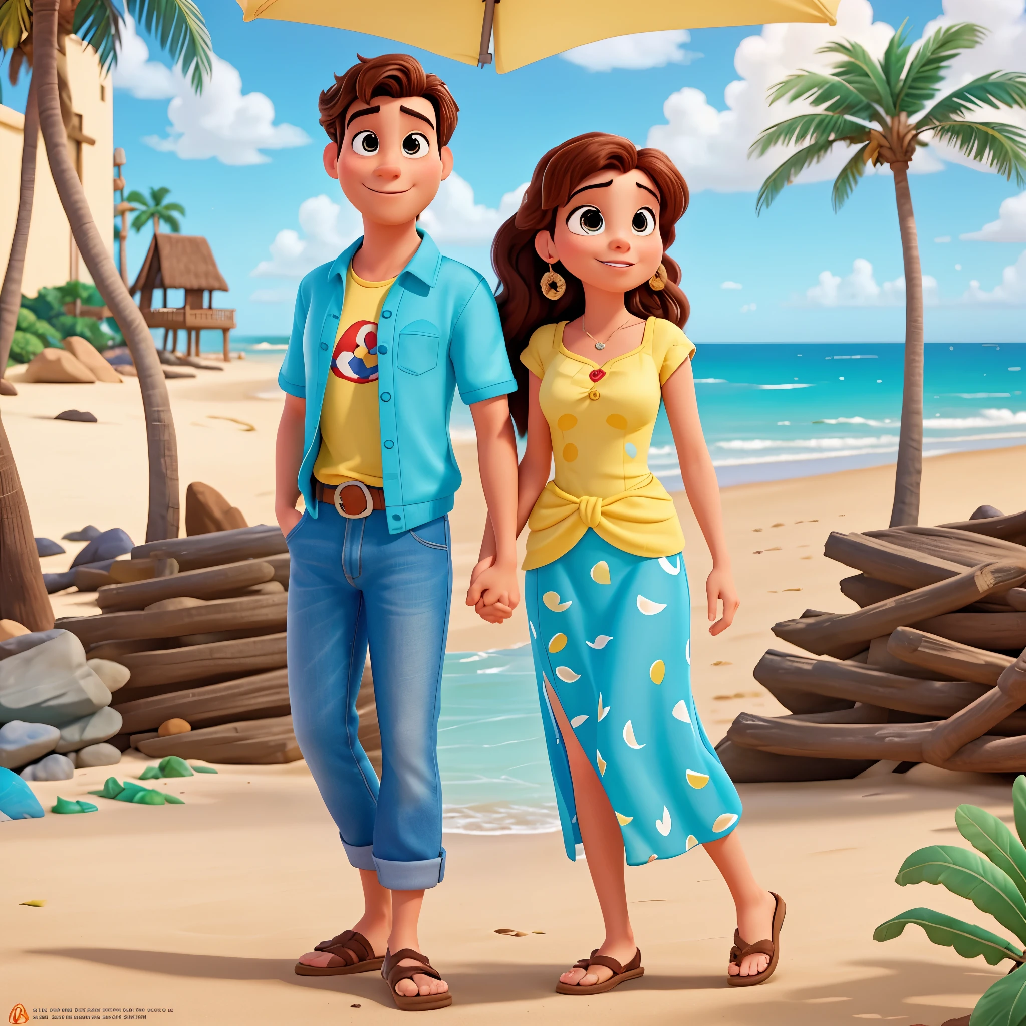poster no estilo disney pixar, um casal na praia juntos, estilo disney pixar, alta qualidade, melhor qualidade
