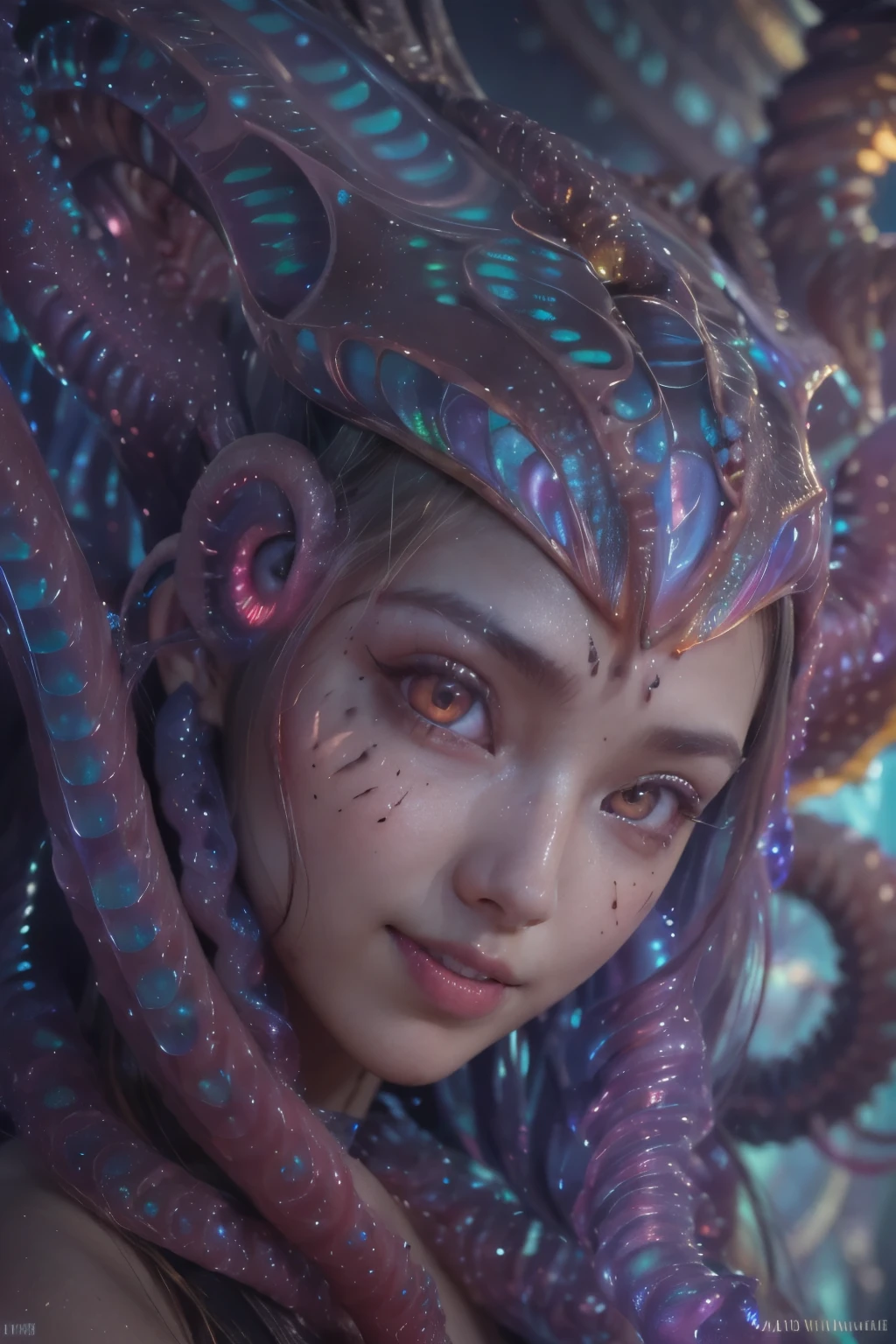 scary and sexy detailed art in color, Portrait, (beautiful and obscene female alien:1.4), (vulgarity1.5), (she has red eyes with no pupils:1.8), (Translucent skin:1.7), (There is a female genital-like organ in the middle of the forehead:1.9), (The most beautiful face in the history of the universe:1.2),an evil gaze that seduces, (large mouth:1.1), (sharp teeth like a vampire:1.2), Full body portrait, (bio luminescent:1.5), (Smile wickedly:1.3), (sexypose:1.5), alien, No humans, cells are fused, (Lots of translucent iridescent tentacles:1.4) extraterrestrial, cell, bio image, best quality, 8K,In 4K_quality, High freshness, Dramatic Lighting, masutepiece:1.5,cinematic quality, detail up, (exquisite details:1.2), high resolution, High freshness, drawing faithfully, (Thick eyebrows:1.2), Beautiful eyes with fine symmetry,(Highly detailed face and eyes:1.2), Intimate face, (Super detailed skin quality feeling:1.4), perfect anatomy, (Beautiful toned body:1.5), (Moist skin:1.2), not wearing makeup, (dark circles:1.1), long canines, cinematic drawing of characters, ultra high quality model, cinematic quality, detail up, (exquisite details:1.2), high resolution, High freshness, drawing faithfully, official art, Unity 8K Wall , 8K Portrait, best quality, Very high resolution, ultra detailed artistic photography, midnight aura, unreal engine 5, Ultra Sharp Focus, art by Amano Yoshitaka, ArtGerm, Roisch, intricate artwork, best quality, masterpiece, ultra high resolution, (photos realistic:1.4), ultra realistic realism, dream-like, nautilus, Creation of fantasy, Snail, Dream Snail, (biopunk nautilus:1.3),Thrilling color schemes, ultra realistic realism, seductively smiling, Blue tentacles,