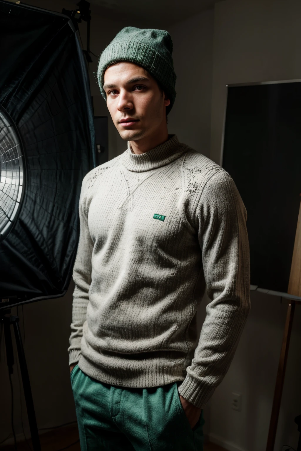Generate a realistic photograph of Man:: Man is modeling a graphic sweater with floral print, green pants, and a winter hat:: Man with shaved face:: wide shot::  photography studio:: professional lighting:: background is a light gray gradient:: using a digital single-lens reflex camera (DSLR) with slide film (ISO 50-200) and a prime lens (50mm) to capture the figure in a studio setting:: highlight details and textures.