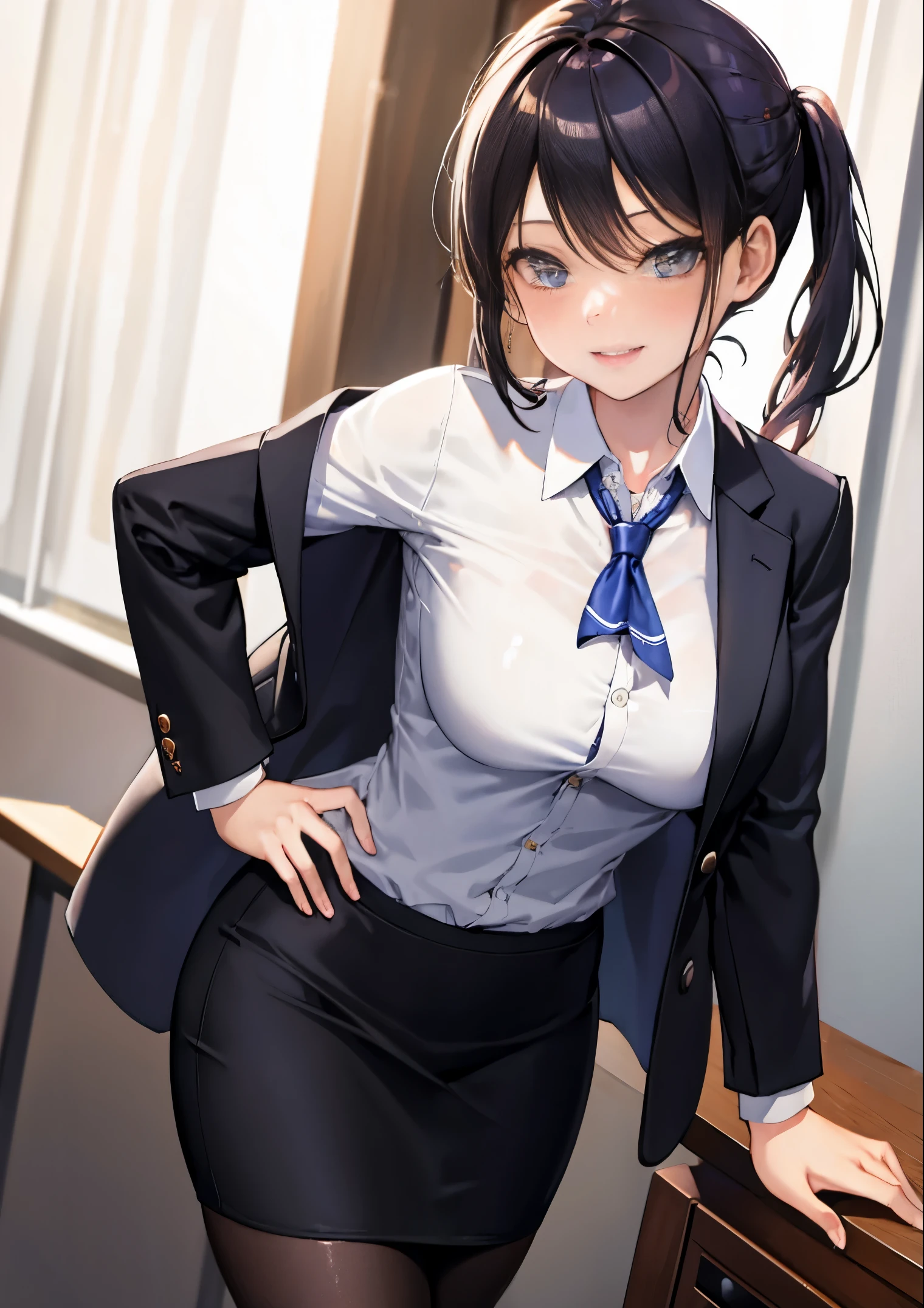 (business jacket,business dress shirts,business skirts,tights),open buttons,dark meeting room,presentation,smiling,sideways,best quality,highly detailed ,intricate detail ,masterpiece,ultra-detailed ,cute girl , hyperdetail, masterpiece,