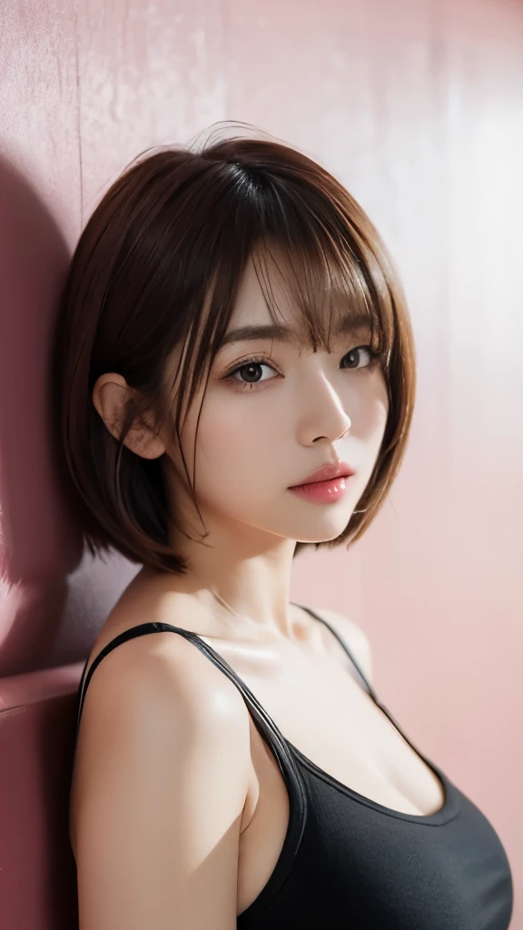 "Compose a beautiful portrait capturing the essence of a Japanese girl. Layered bob brown colour hair with pink colour underneath the back hair with bangs. Envision her in a stylish ensemble, wearing a mesh push up bra paired wit leather mini skirt and sneakers. Frame the shot to showcase the full image, highlighting her poise and individuality. Flirting face with a sexy pose by squeezing her breast with her arms. Pay attention to details, employing vibrant colors and a captivating backdrop to enhance the overall aesthetic appeal of this stunning portrait."