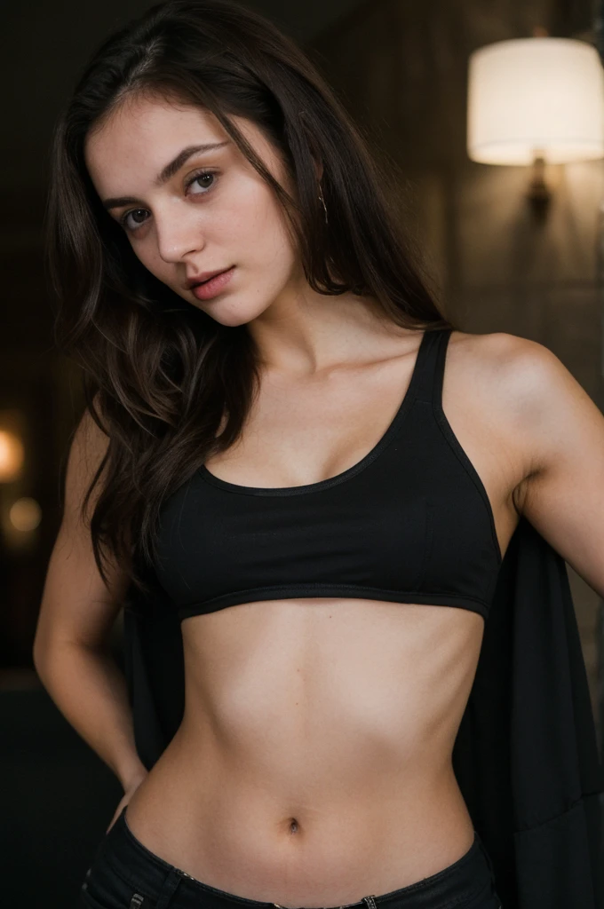 super cute brunette woman (24 years old) in a dark theme, crop top