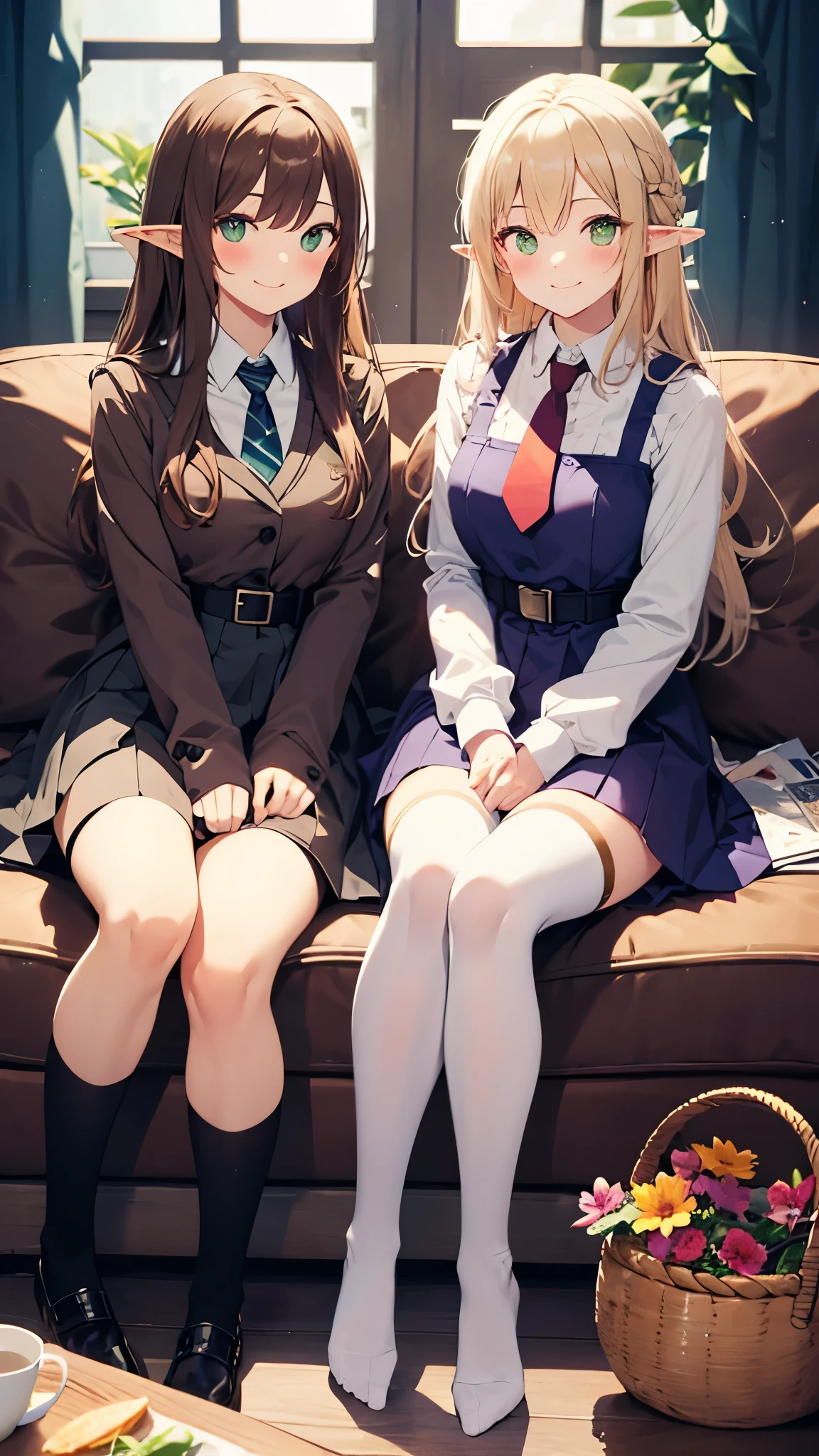 two elf girls sitting on a sofa drinking tea talking to one another and smiling, 2girls, multiple girls,purple dress, smile, long hair, green eyes, sitting,purple dress,necktie, blonde hair, thighhighs, cup, looking at viewer, blonde long hair,shirt, brown hair, skirt, window, kneehighs, basket,flower, blush,shirt,