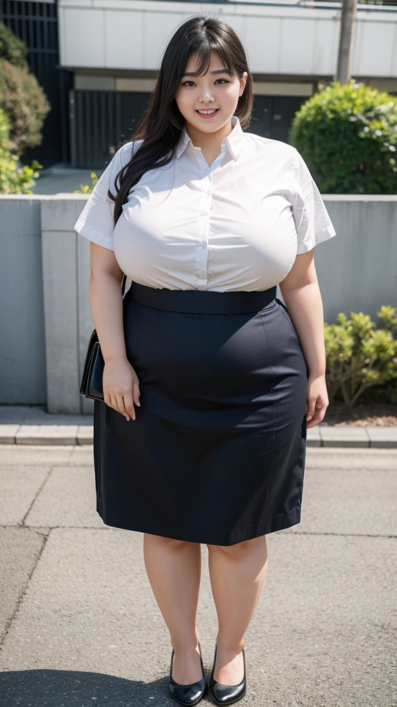 realistic depiction、Super obese Japanese woman、super obese、super big breasts、Weight 300kg、very fat woman、Fat woman in white collar shirt、black bra、japanese women、laughter、Tight Skirt、outdoor、Chibi、little  woman、He is only 145cm tall、Short leg