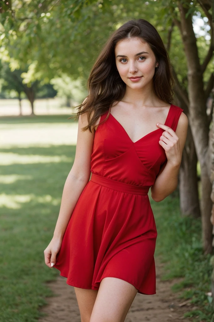 super cute brunette woman (24 years old), red dress