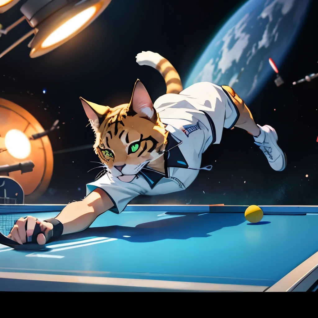 Futuristic rendering of a cat playing table tennis in outer space