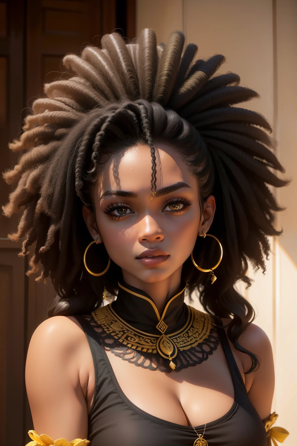 Realism portrait of 3 year old girl ((dark skin tone)) cute, afrofuturistic, cute anxious look, (swing)), current fashion, wearing colorful t-shirt and jeans, tied up long hair, ((bracelet, earrings)), background dark lighting, close-up, product view, detailed facial details, perfect face, sharpness, Trending Art, Sharp Face Details, CGSetsociety, Ultra High Quality Digital Art, Ultra Exquisite Details, 4K, 8K Lighting Smooth, -ISO100 Dreamy, Fashion-