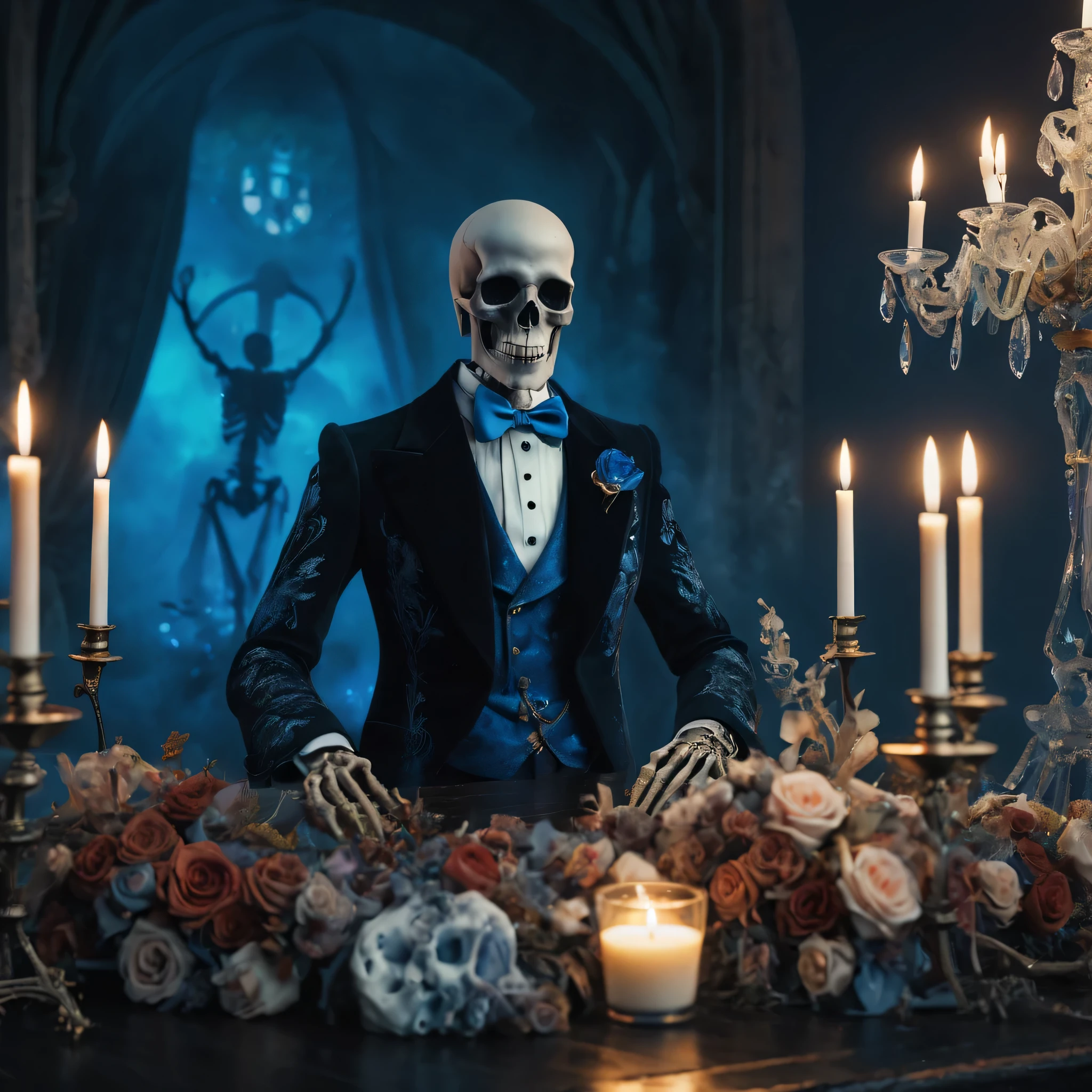 (best quality,8K,high resolution,muste piece:1.2,details:1.5),Super detailed:1.5,Eerily realistic crystal skeleton,wearing a tuxedo,elaborate corpse,scary theme,hell:2,altar:2,Blue fog:1.2,horror setup