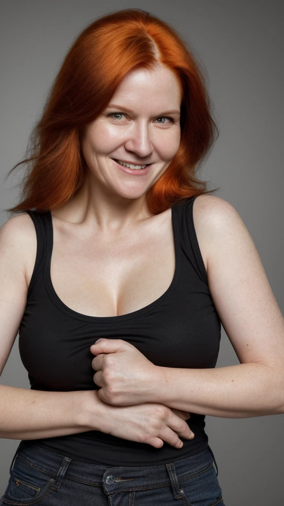 smiling woman with a dark orange hair and a black tshirt and jeans, this person does not exist, probably in her 30s, pale white skin, ugly facial features, frumpy body, ugly body, chubby body, elena vesnina-kate mulgrew-schuyler fisk-suzy amis merged, entire body visible, full body, hyperrealistic, best quality, 8K, real human skin, masterpiece, extremely intricate, medium closeup, detailed eyes, detailed face, detailed body, exaggerated features, pronounced features