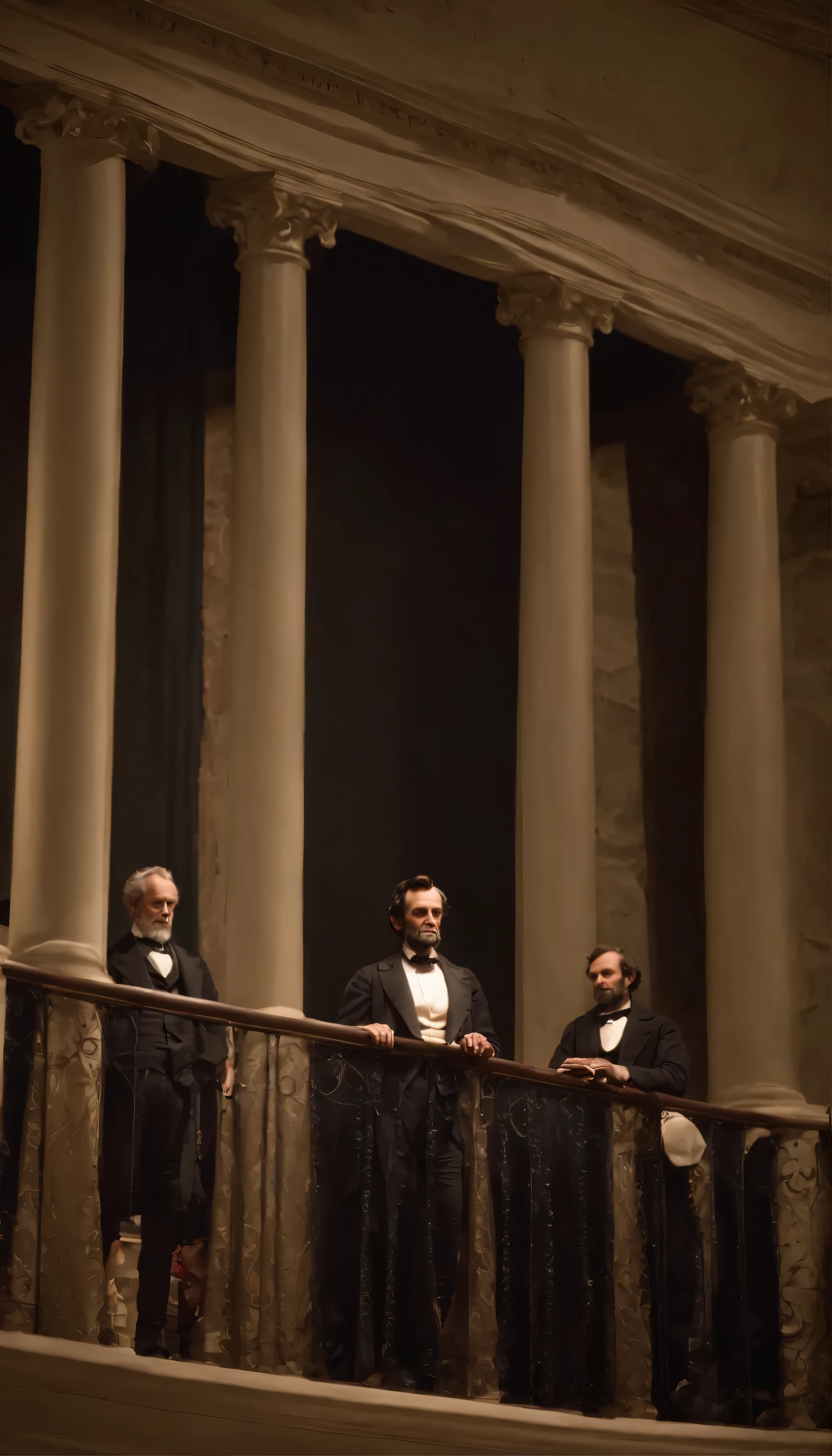 Generate a vivid and historically accurate image of the balcony level at Ford's Theater on the evening of April 14, 1865. Emphasize President Abraham Lincoln's designated box, capturing its position and surroundings in exquisite detail. Depict the architectural elements of the balcony, the lighting within the theater, and ensure the scene conveys the anticipation of the audience moments before the tragic events unfolded. Provide a clear view of the stage, emphasizing the perspective from President Lincoln's box. The image should evoke the atmosphere of that fateful night and accurately represent the historical setting." show the Abraham Lincoln