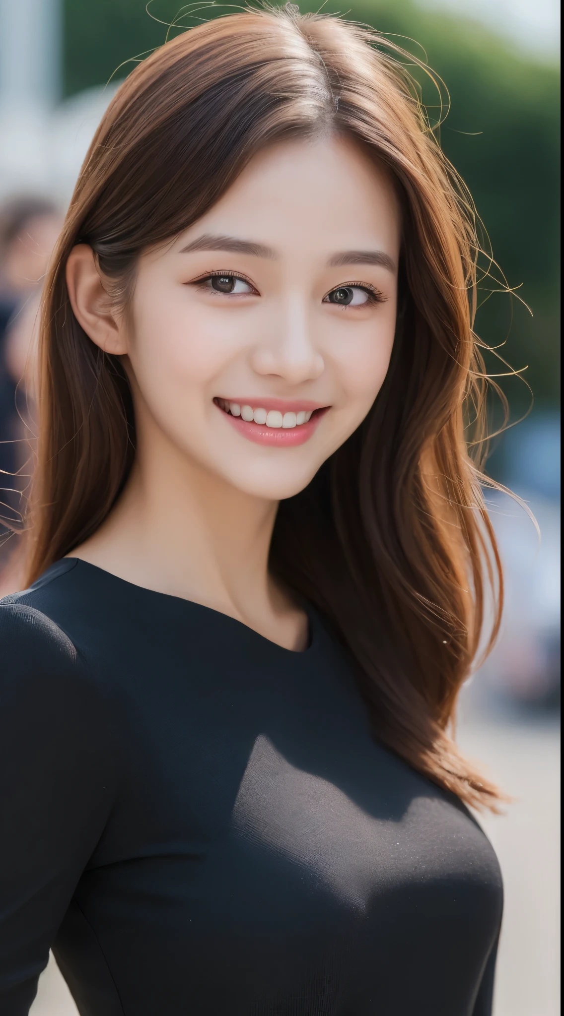 ((Best quality, 8k, Masterpiece :1.3)), 1girl, smiling, full body, slim face, Pretty woman, (Dark brown hair), full length dress :1.1, Ultra-detailed face, Detailed eyes, Double eyelid, blur background, slim face, city, outside, street,